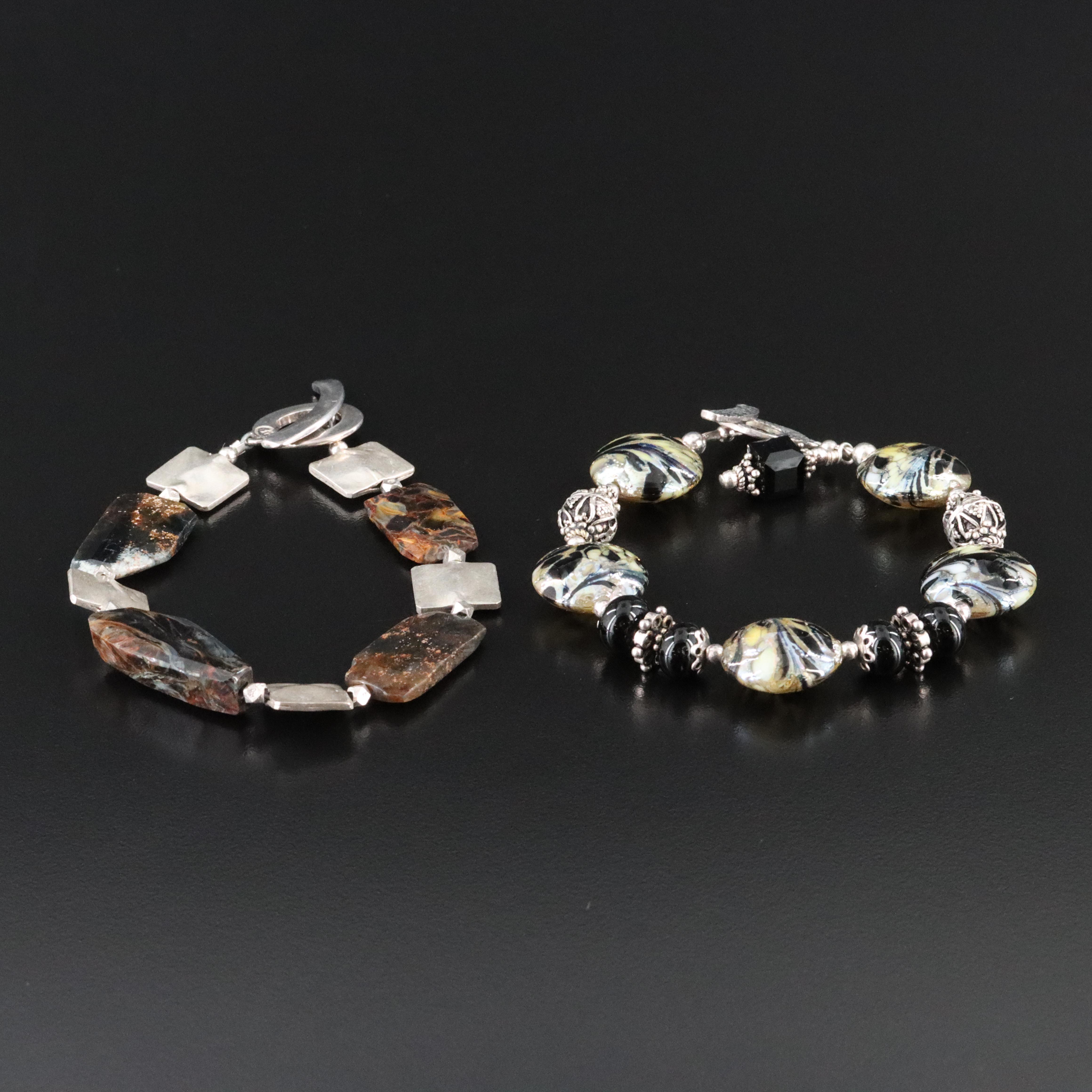 Saki Sterling Tiger's Eye and Art Glass Bracelets