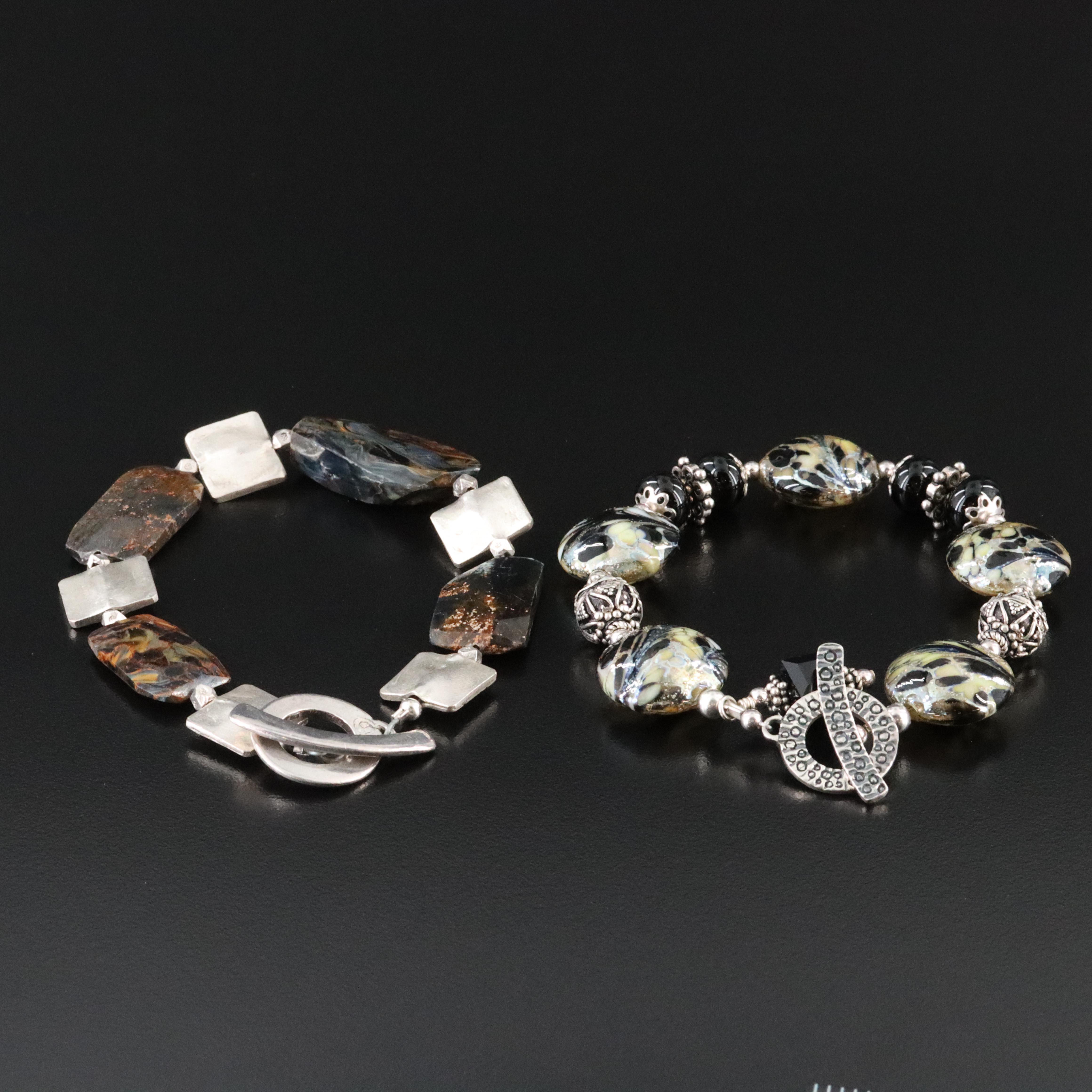 Saki Sterling Tiger's Eye and Art Glass Bracelets