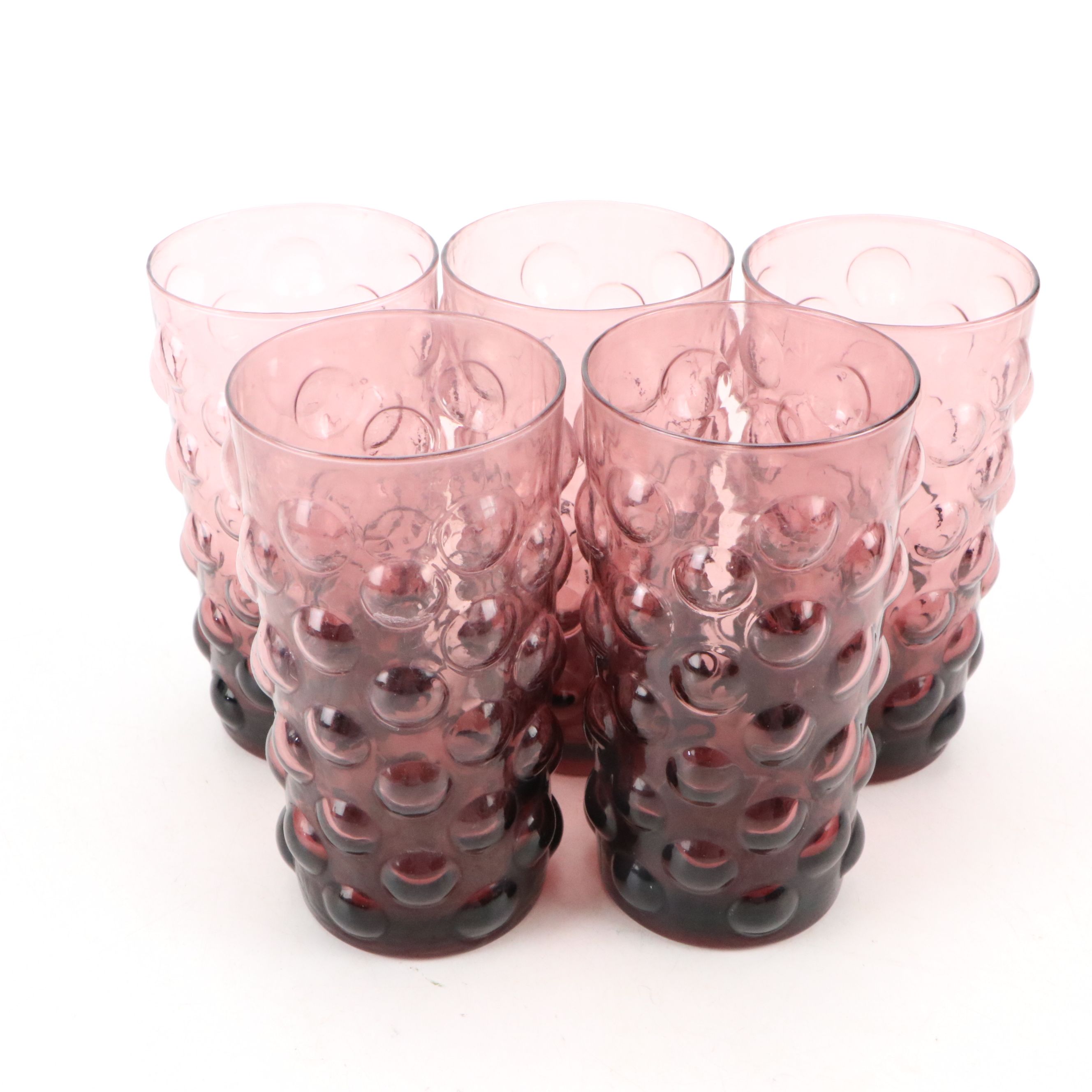 Victorian Style Ruffled Edge and Dimpled Amethyst Pitcher with Hobnail Tumblers