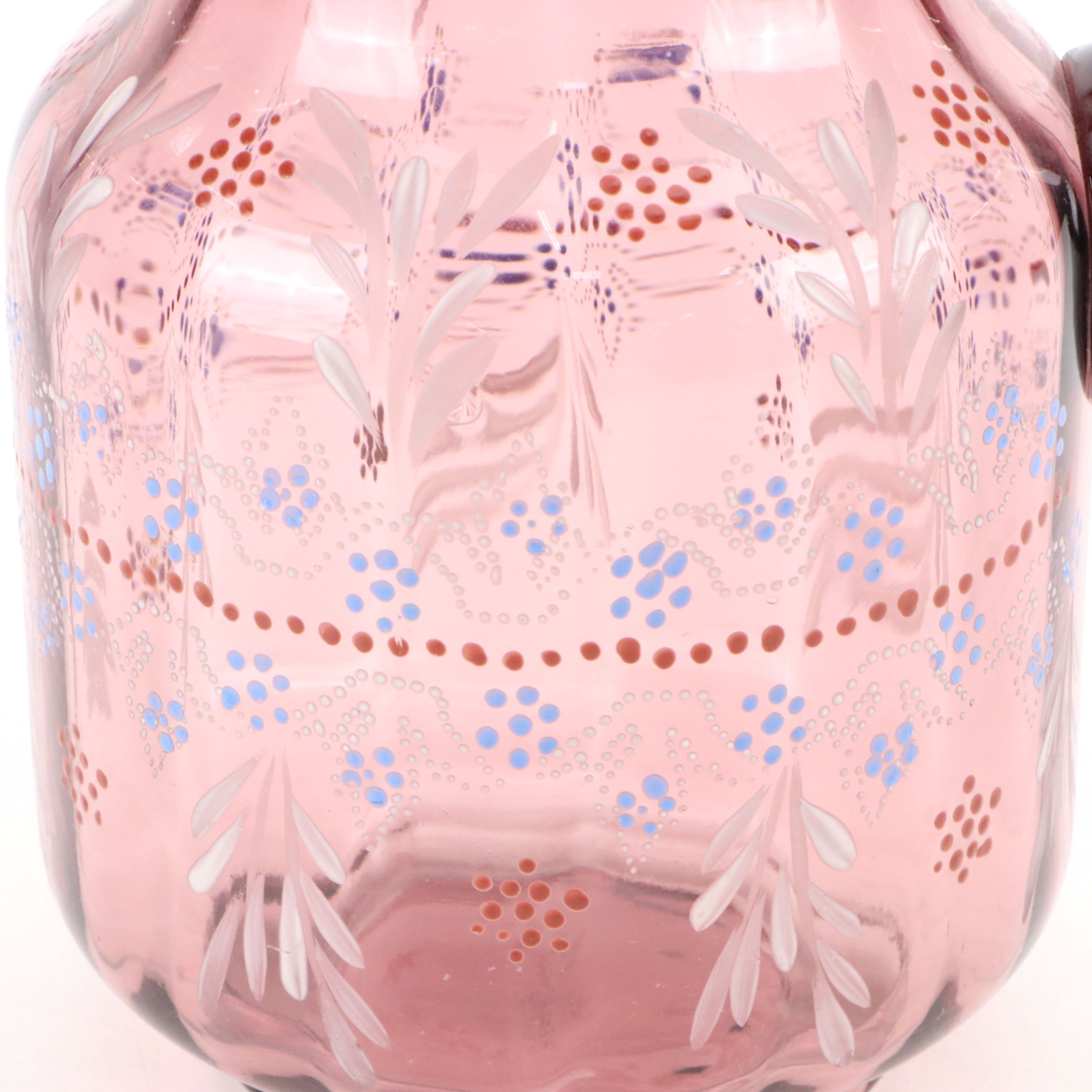 Victorian Style Ruffled Edge and Dimpled Amethyst Pitcher with Hobnail Tumblers