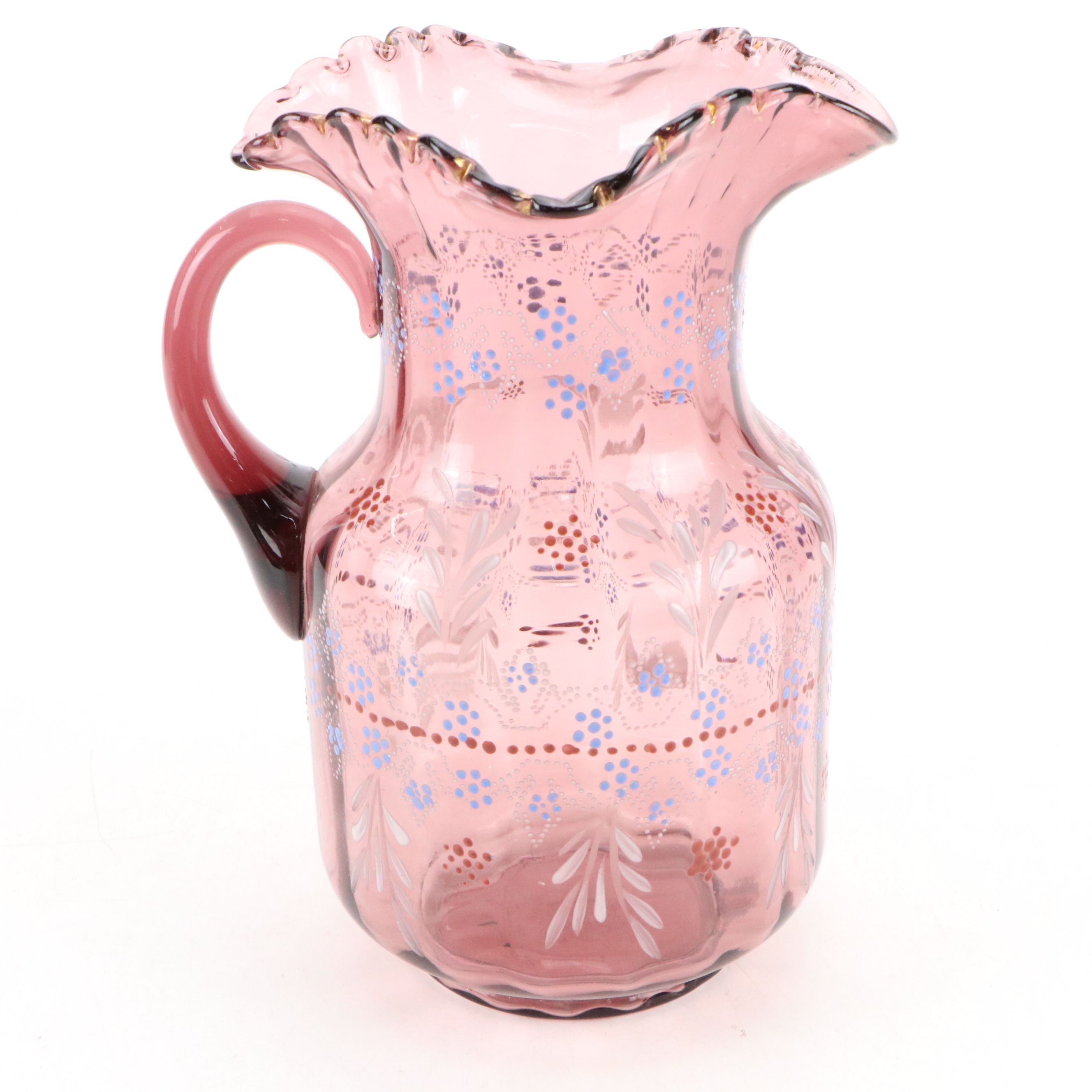 Victorian Style Ruffled Edge and Dimpled Amethyst Pitcher with Hobnail Tumblers