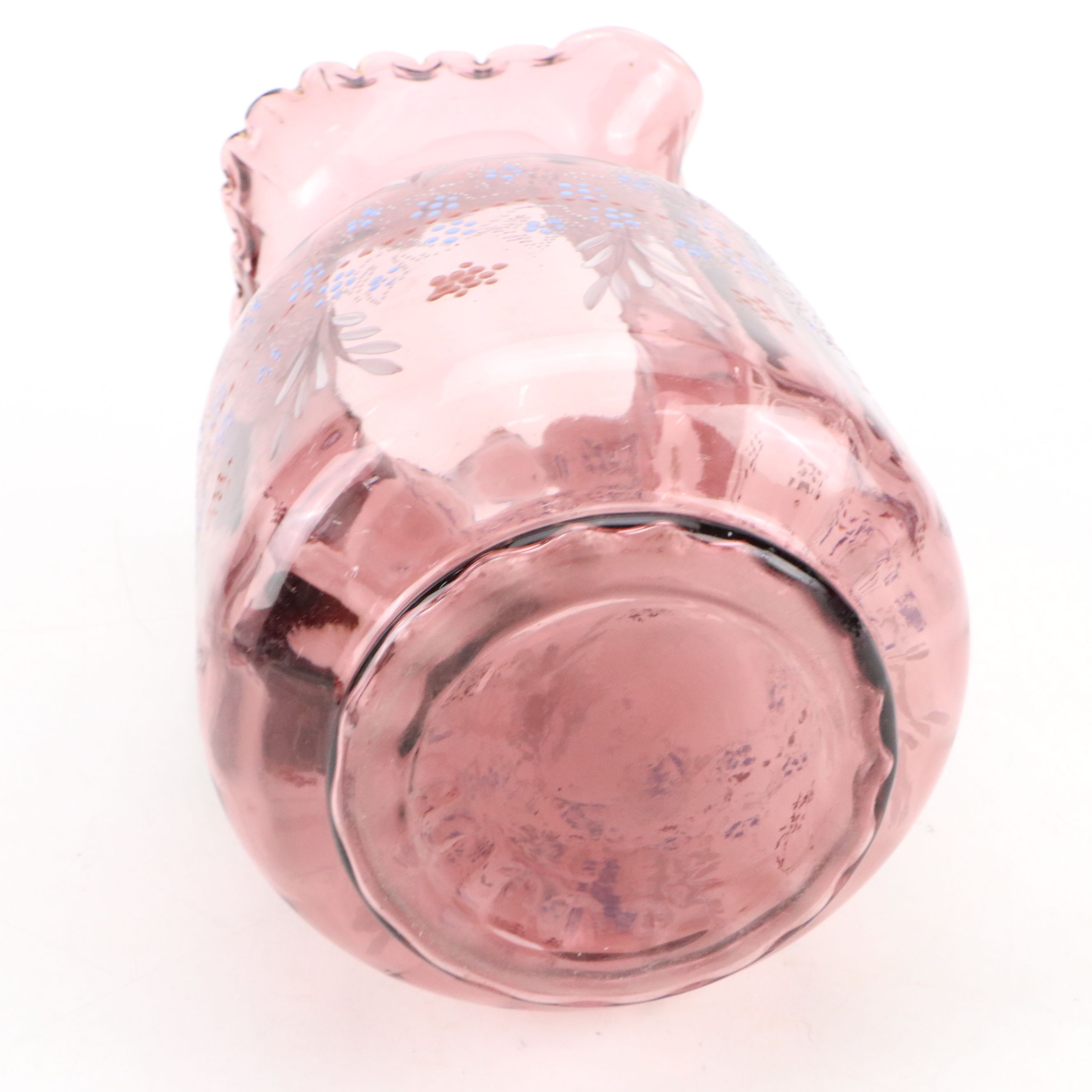 Victorian Style Ruffled Edge and Dimpled Amethyst Pitcher with Hobnail Tumblers