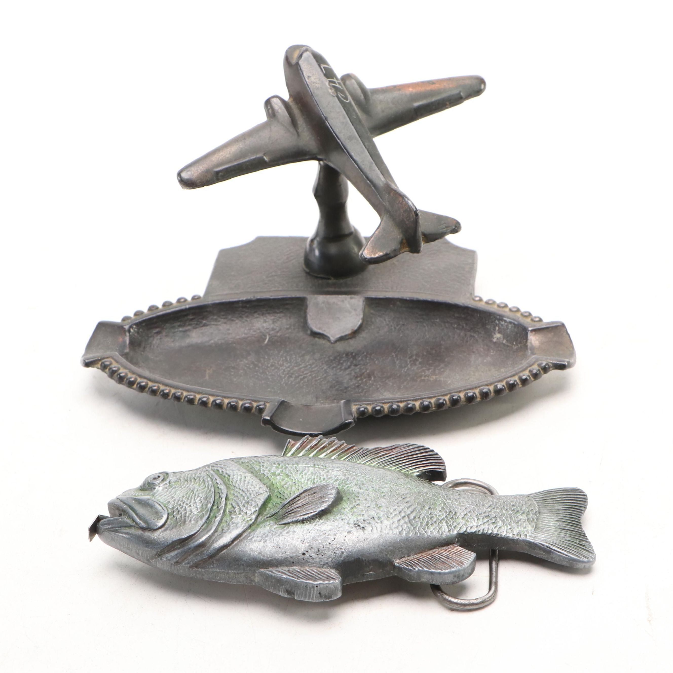 Metal Airplane Ashtray with Novelty Fish Metal Tape Measure