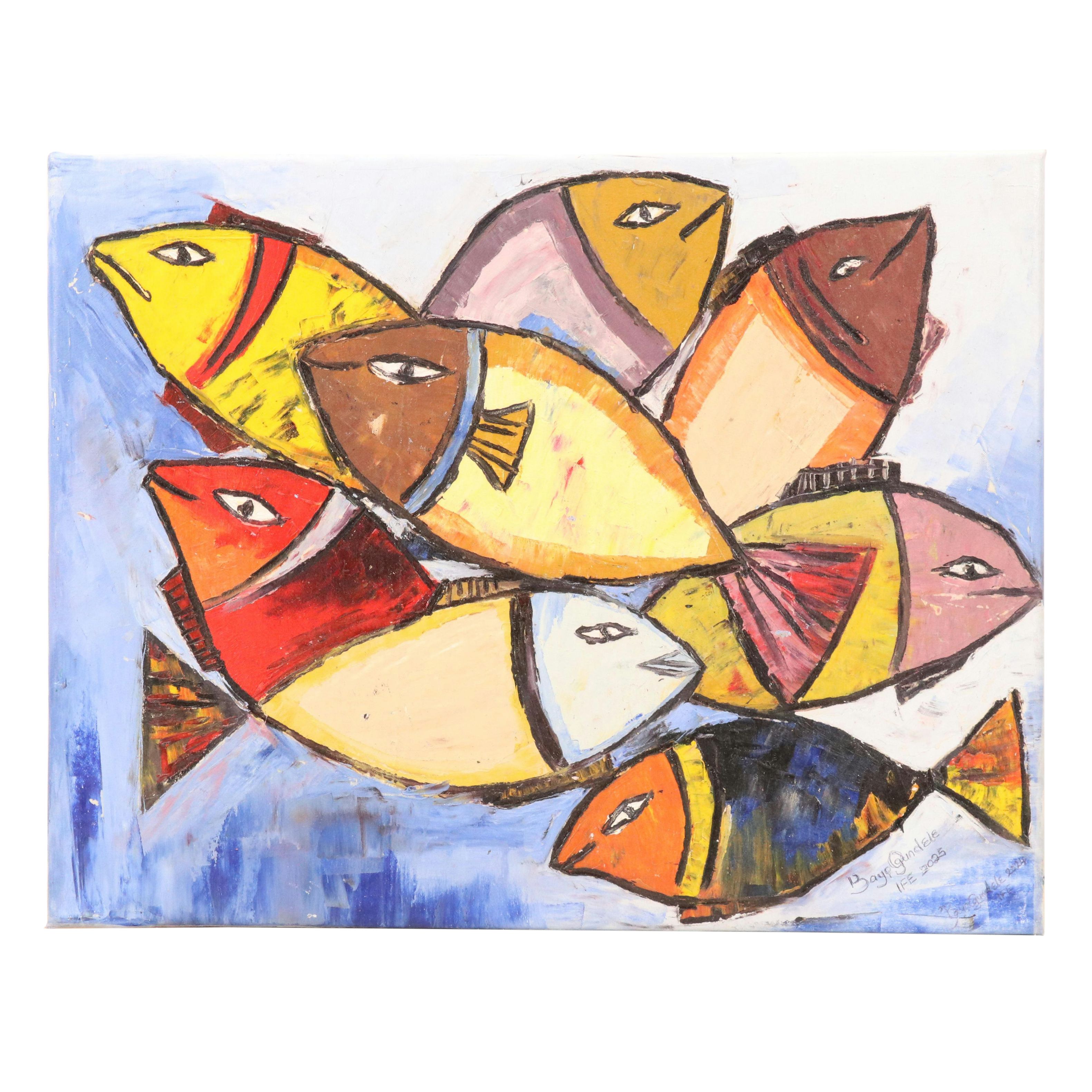 Bayo Ogundele Stylized Oil Painting of Fish, 2025