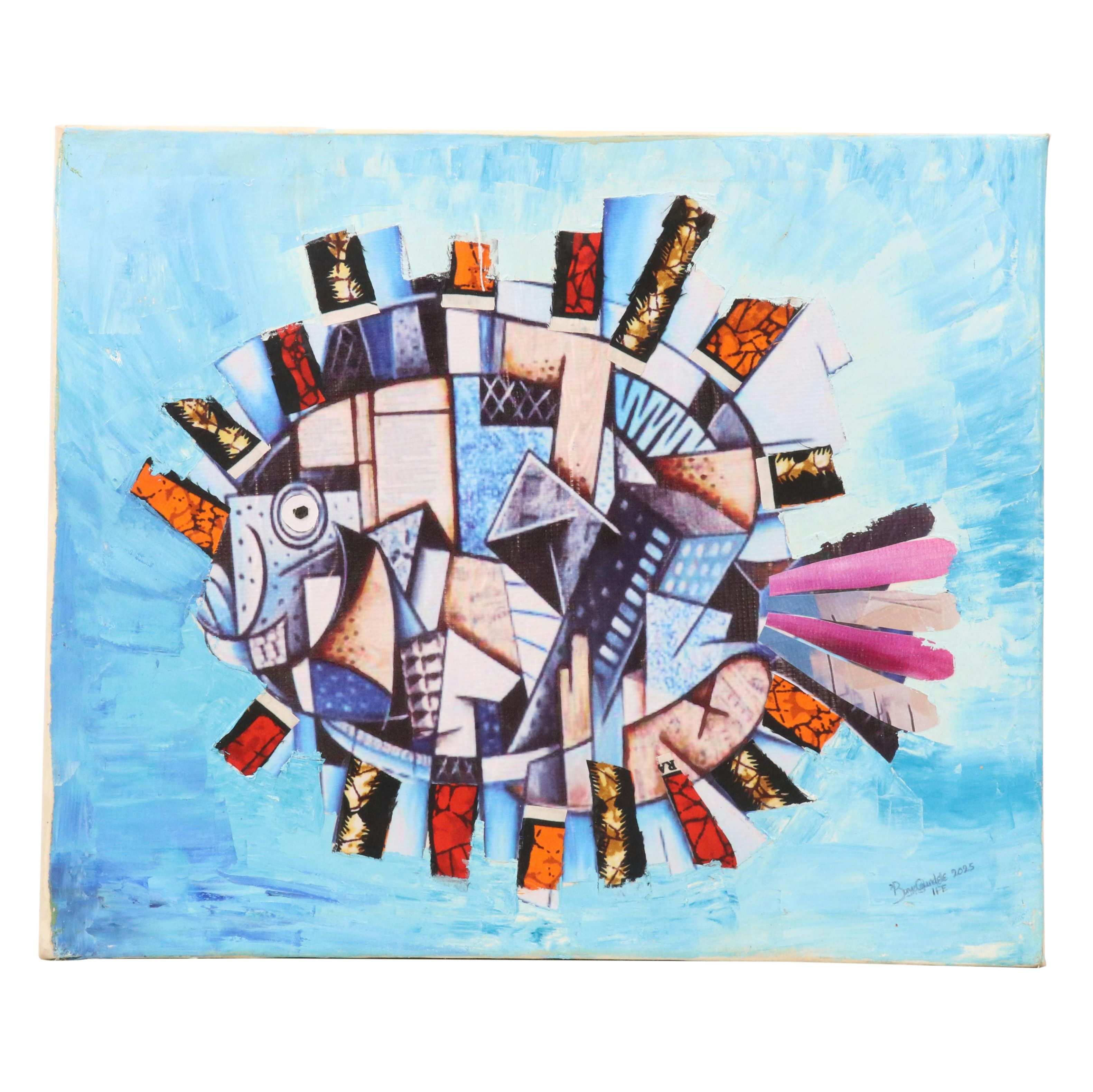 Bayo Ogundele Stylized Mixed Media Collage of a Fish "Eja Abami," 2025