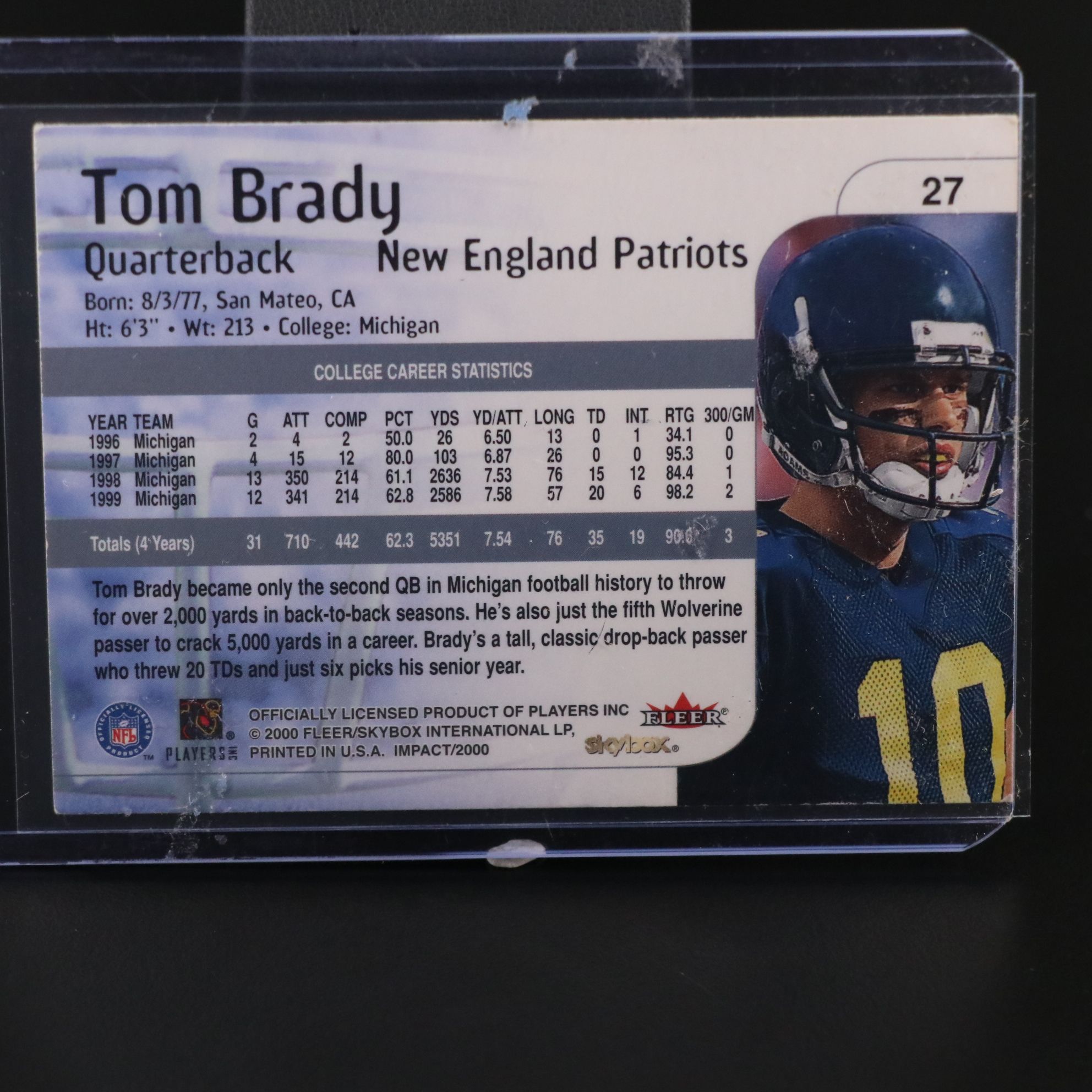 2000 Skybox Impact Tom Brady New England Patriots Rookie Football Card