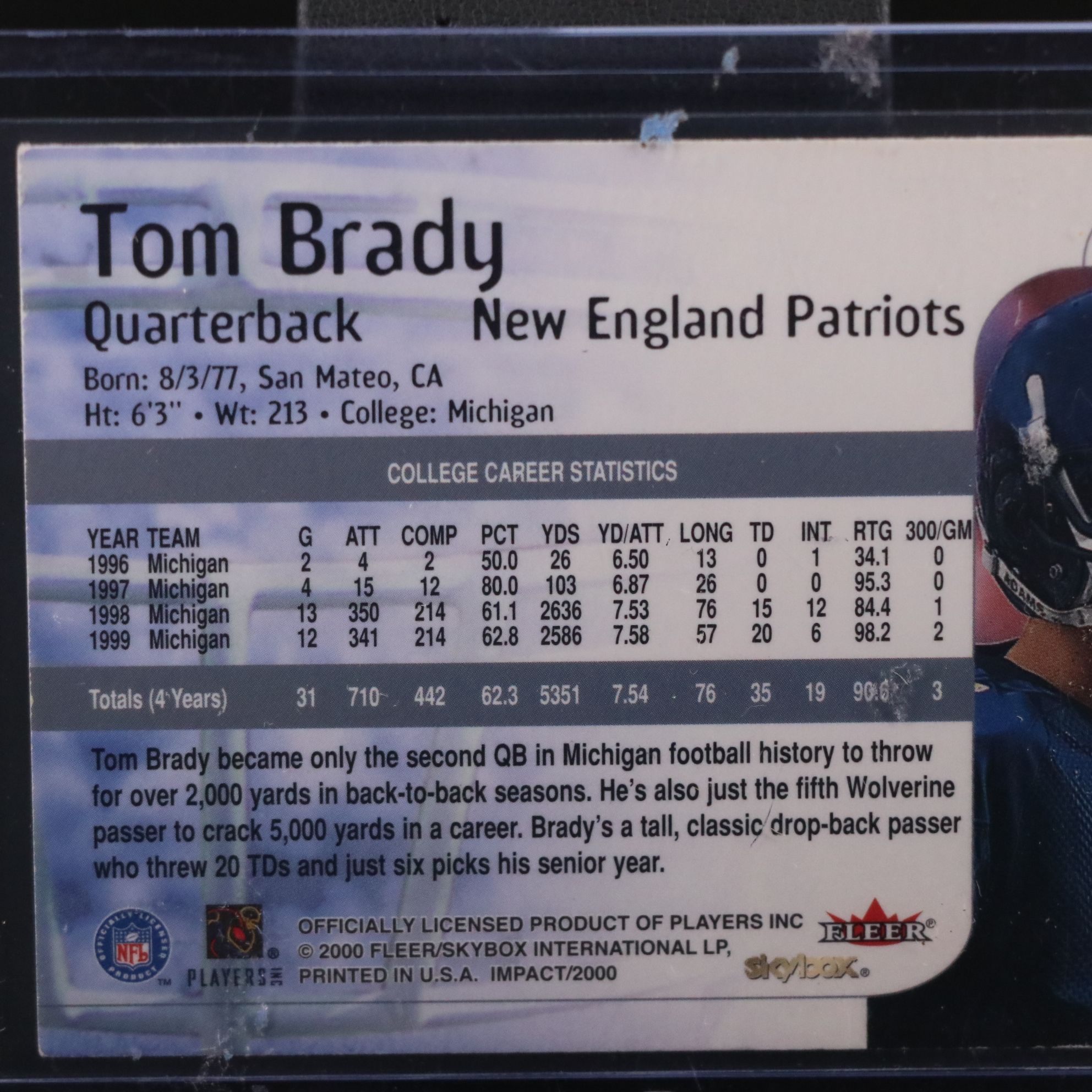 2000 Skybox Impact Tom Brady New England Patriots Rookie Football Card
