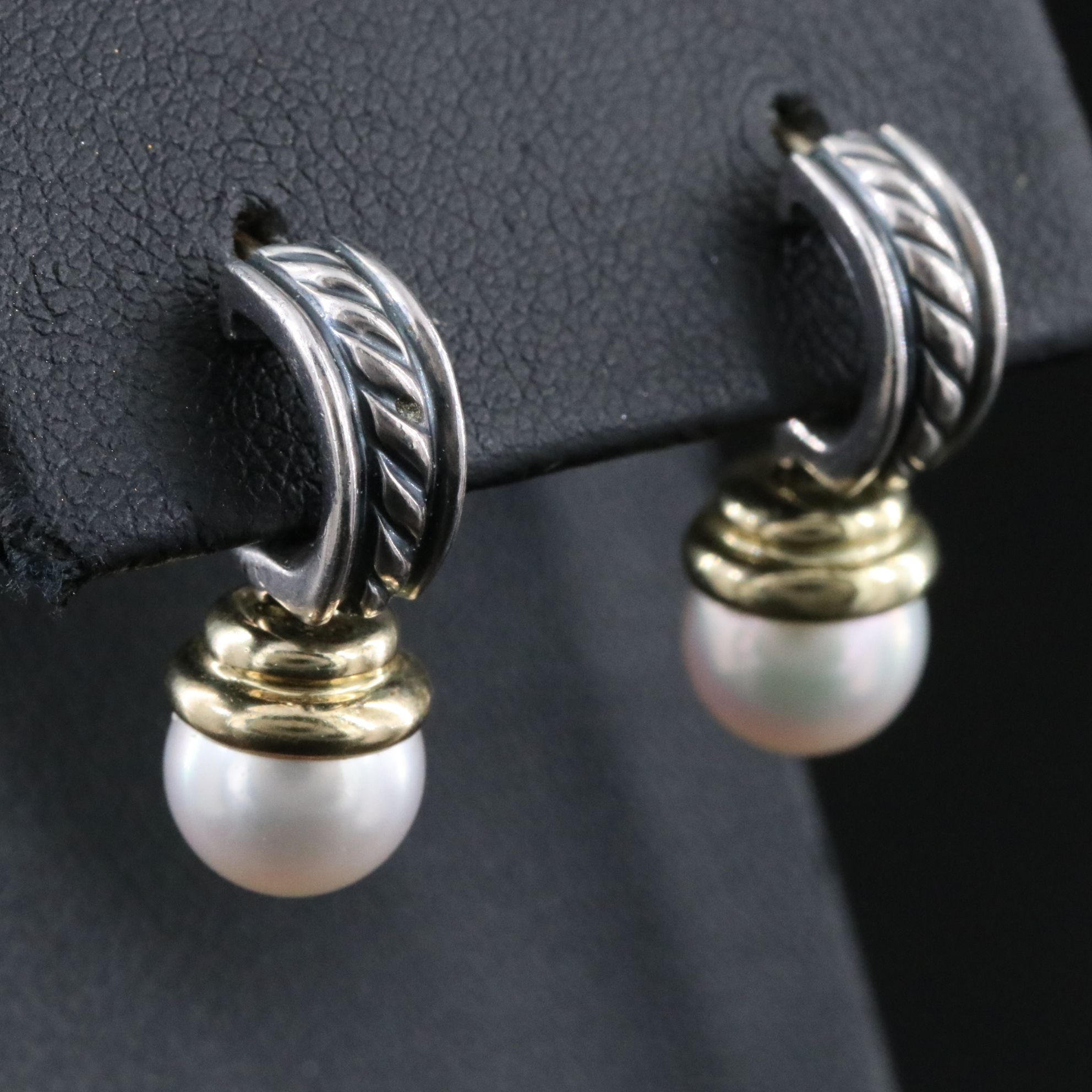 David Yurman Sterling, 14K and Pearl Cable Drop Earrings