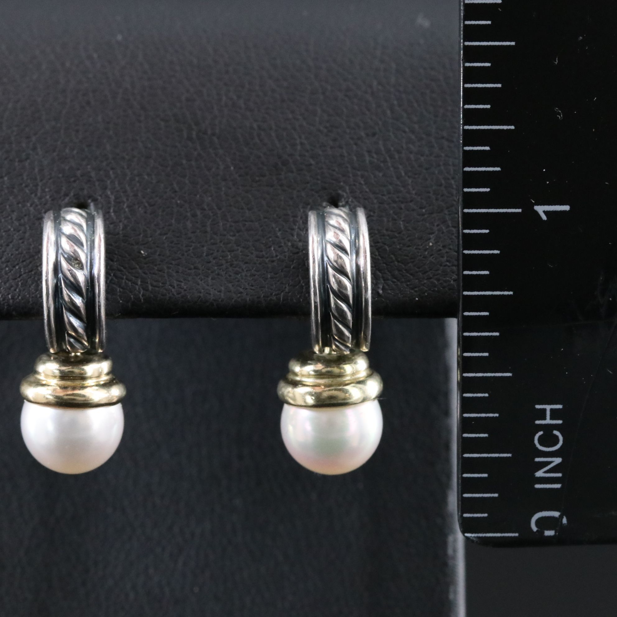 David Yurman Sterling, 14K and Pearl Cable Drop Earrings