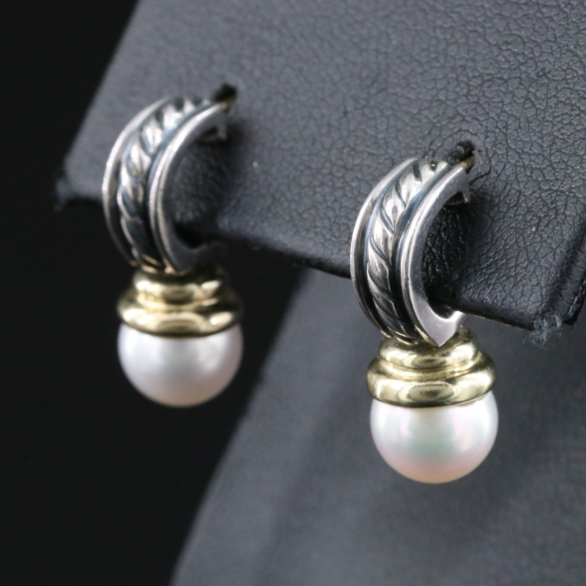 David Yurman Sterling, 14K and Pearl Cable Drop Earrings