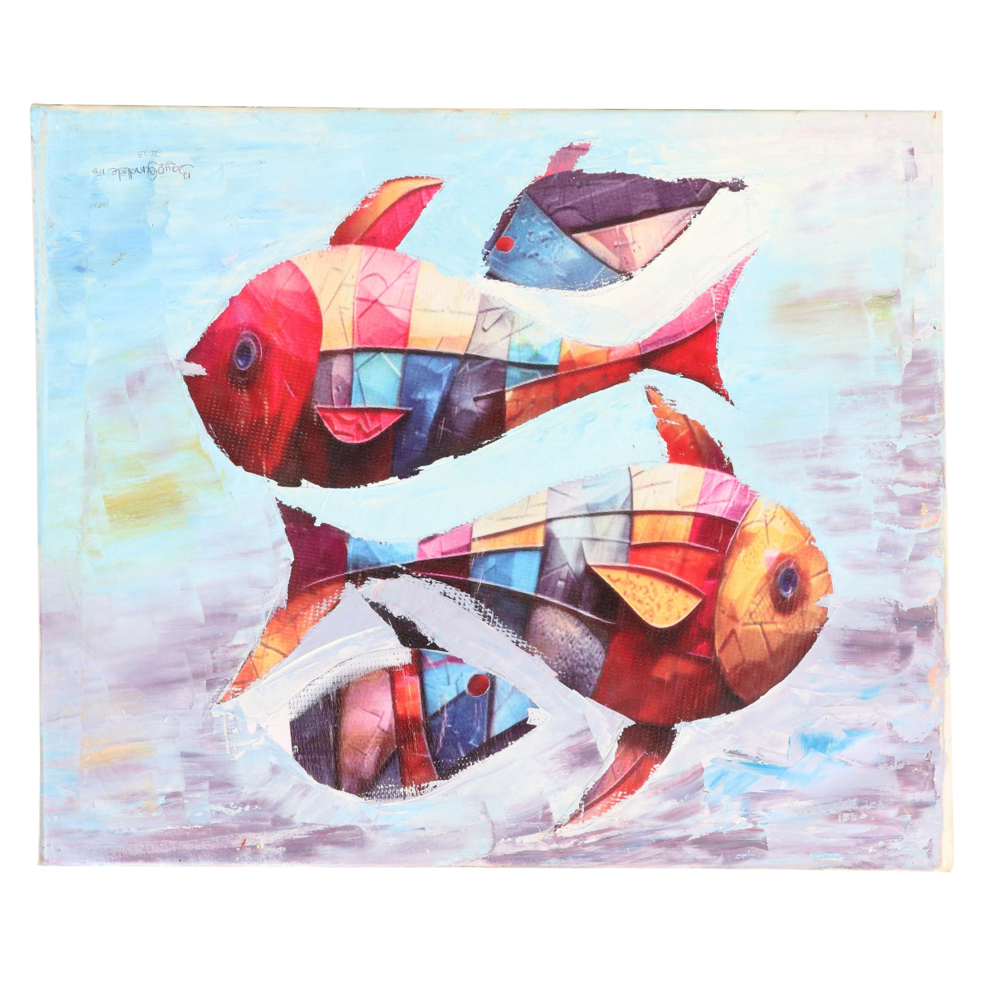 Bayo Ogundele Stylized Mixed Media Collage "Fishes," 2025