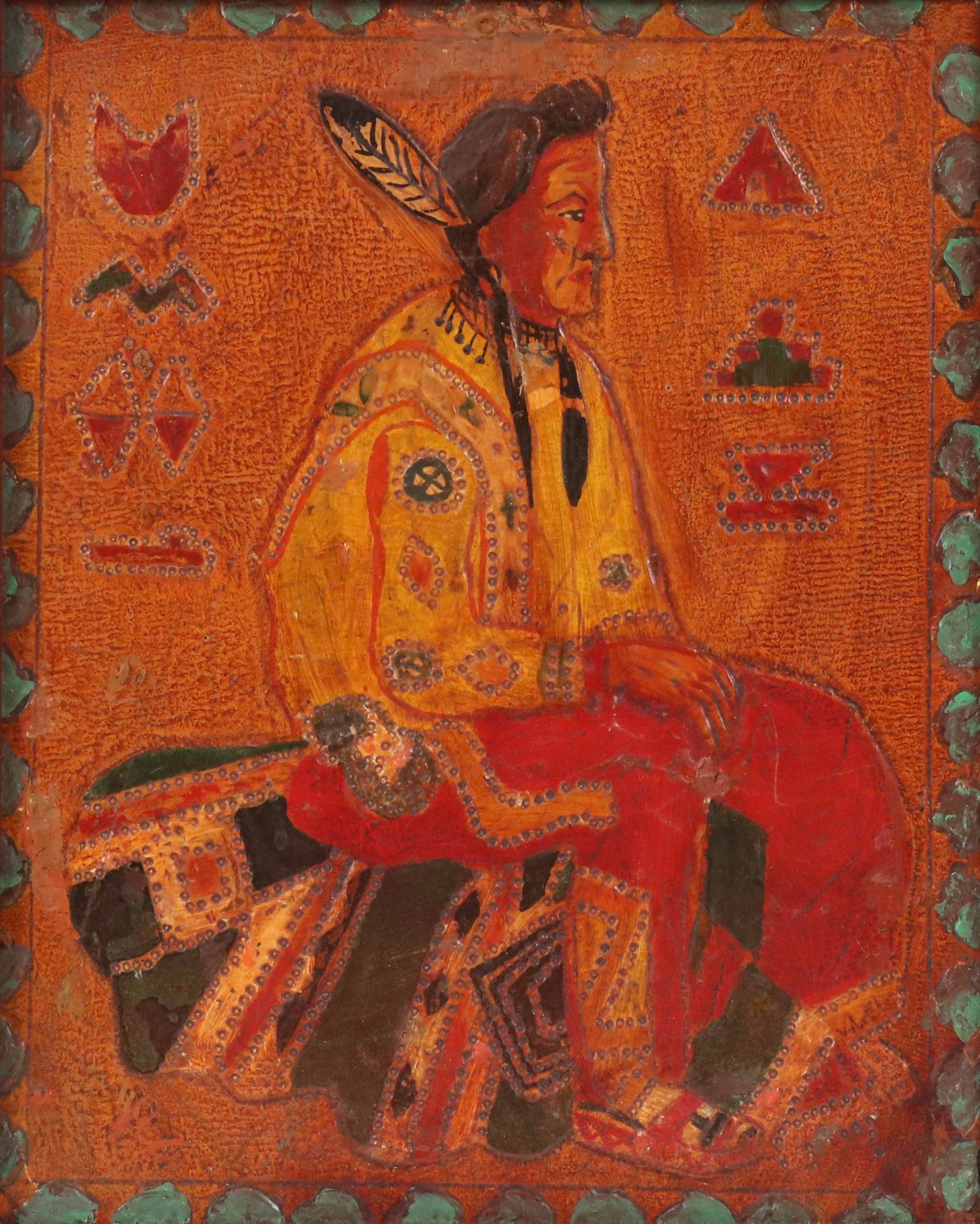 Hand-Painted Carved Wood Panel of Native American Portrait