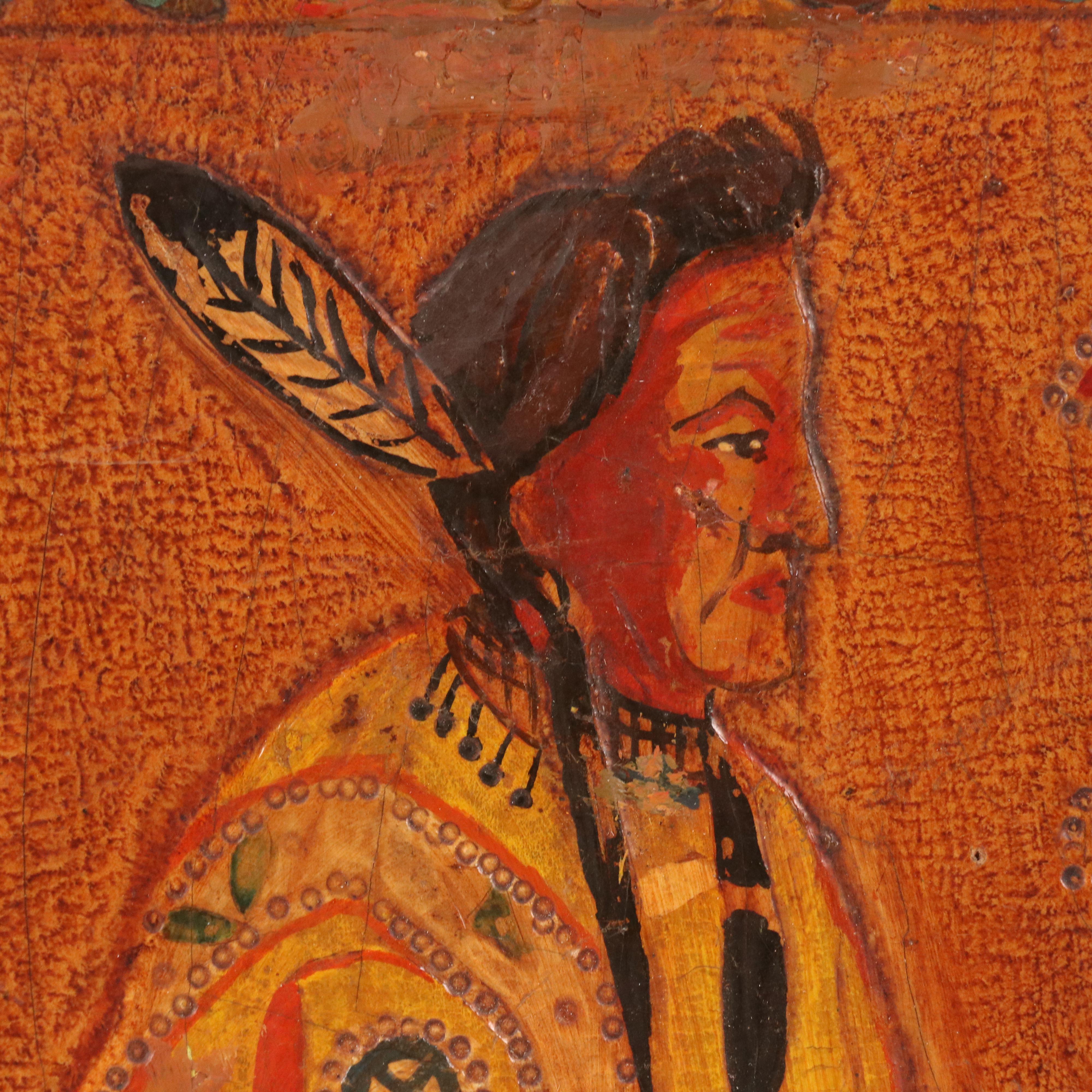 Hand-Painted Carved Wood Panel of Native American Portrait