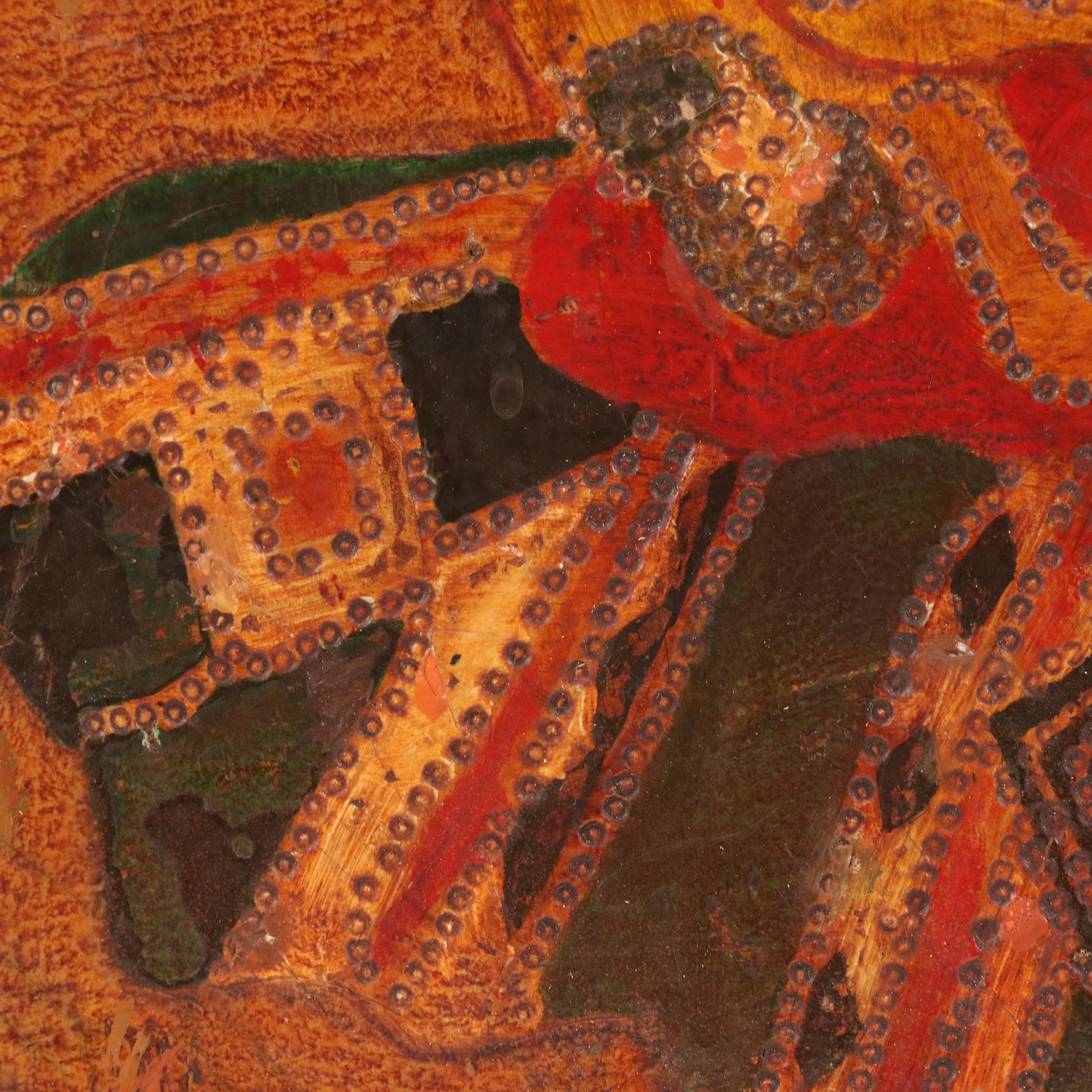 Hand-Painted Carved Wood Panel of Native American Portrait