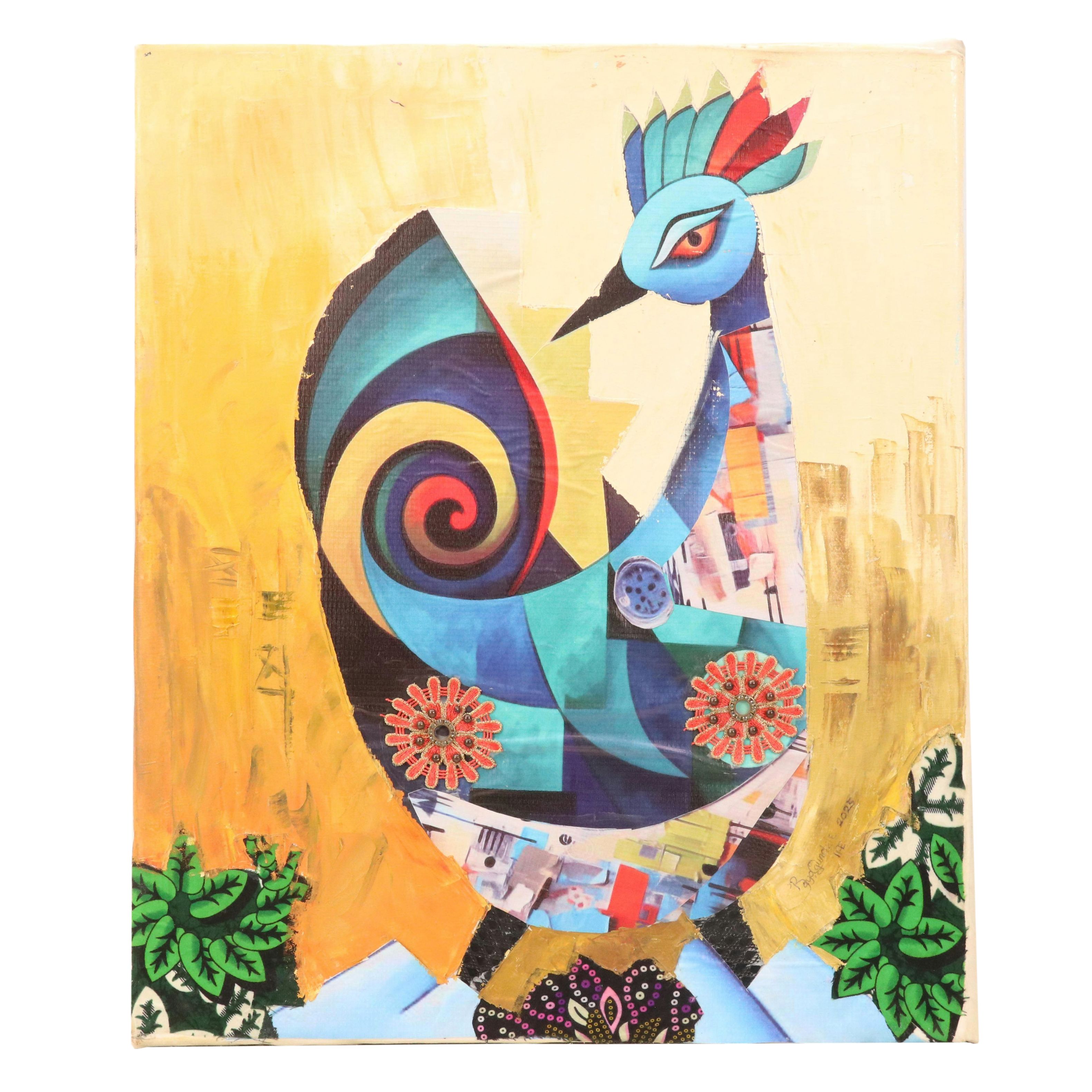 Bayo Ogundele Stylized Mixed Media Collage of Peacock "Eye Okin II," 2025