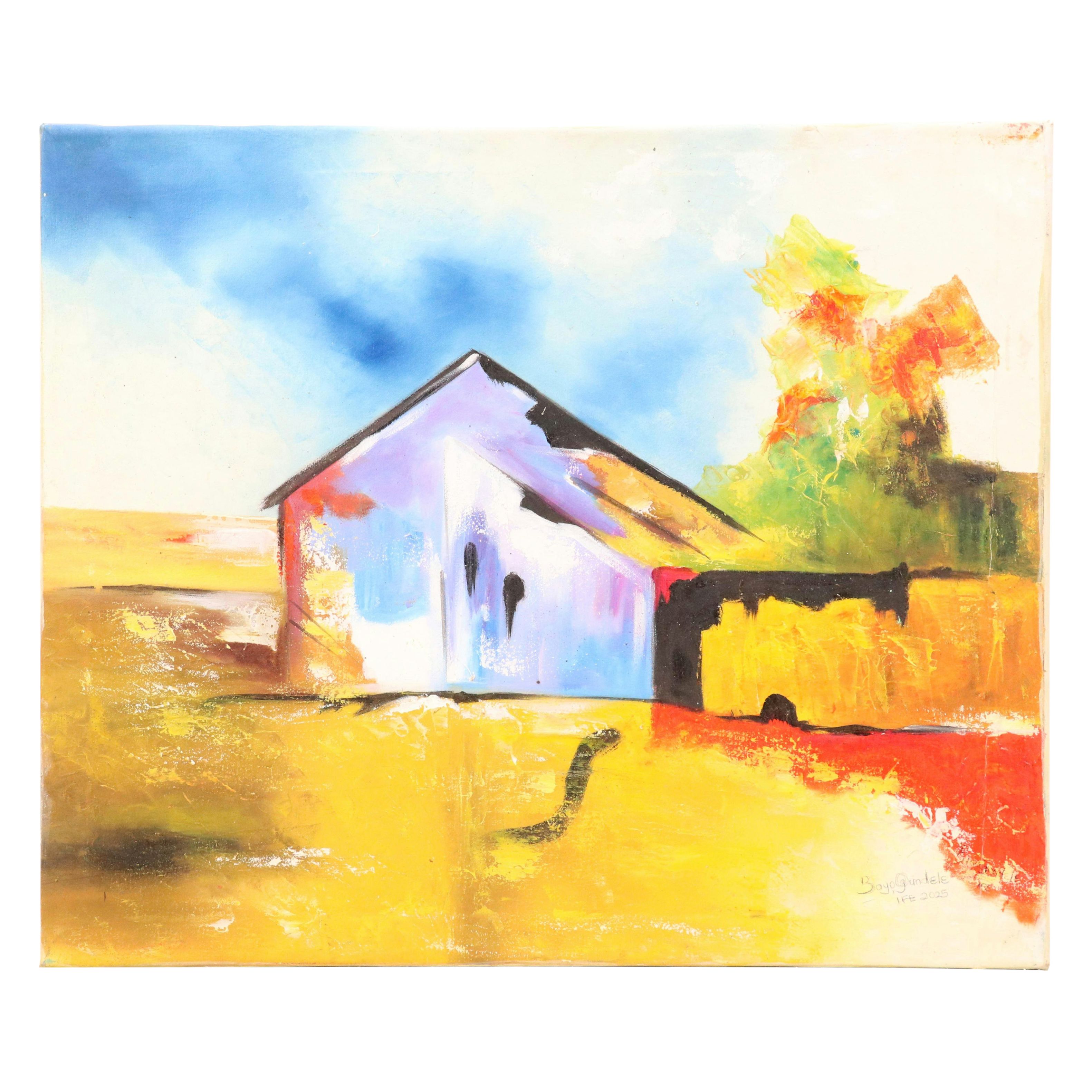 Bayo Ogundele Stylized Residential Landscape Oil Painting "Modern House 1," 2025