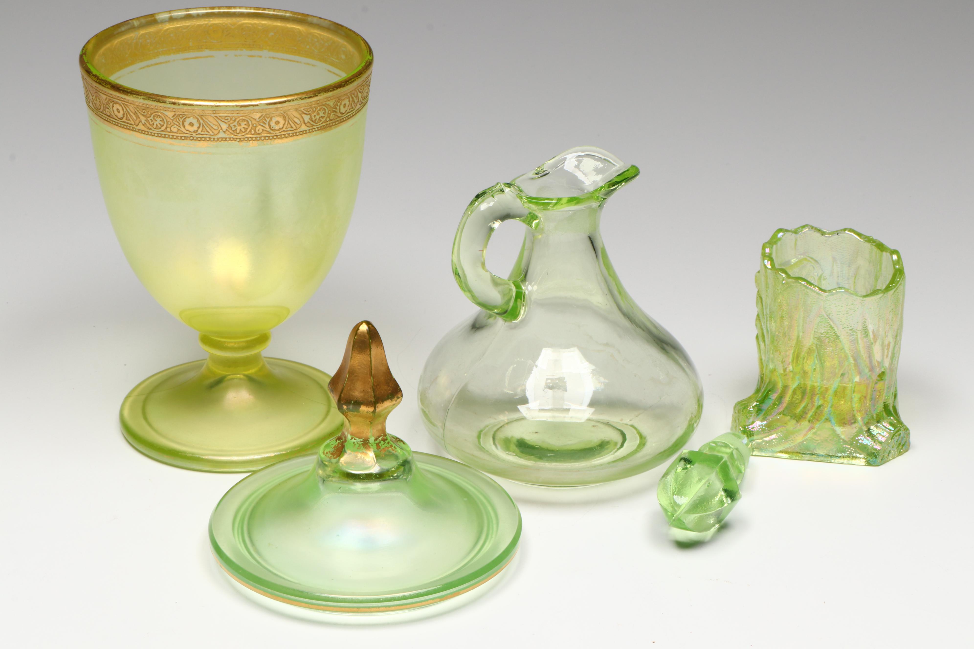 Tiffin-Franciscan "Minton" Lidded Jar with Other Uranium Glass Table Accessories