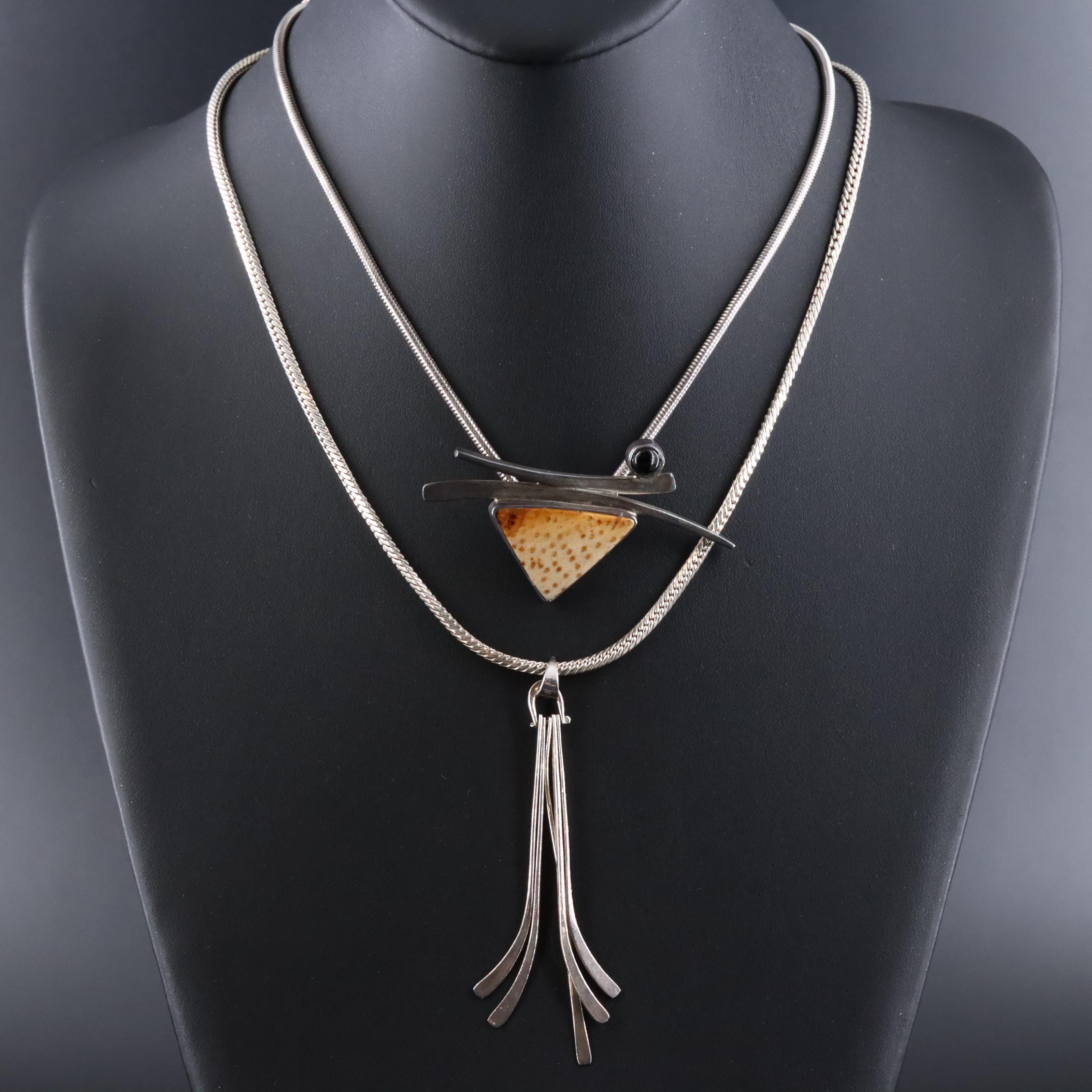 Sterling Necklaces with Fossilized Palm and Black Onyx