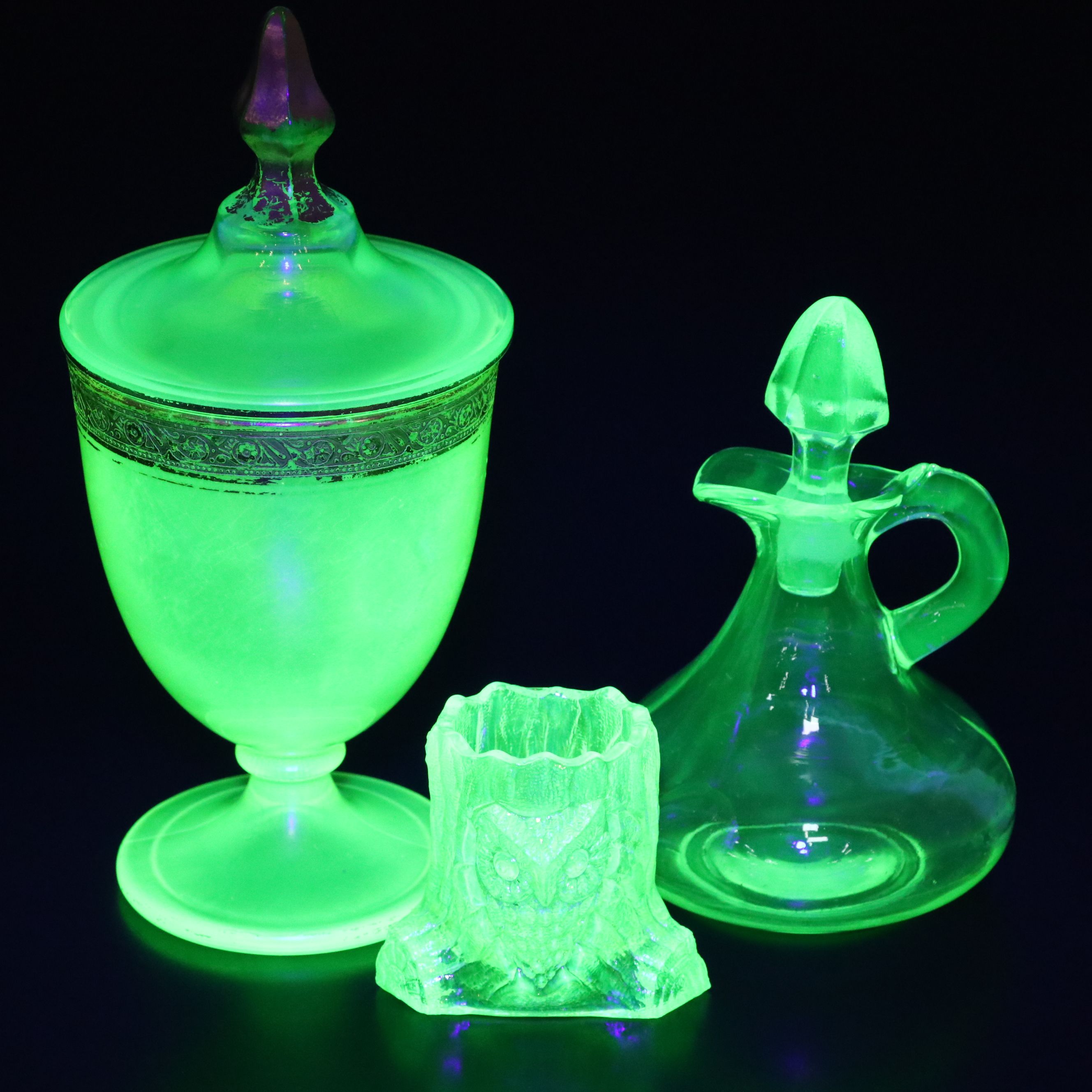Tiffin-Franciscan "Minton" Lidded Jar with Other Uranium Glass Table Accessories