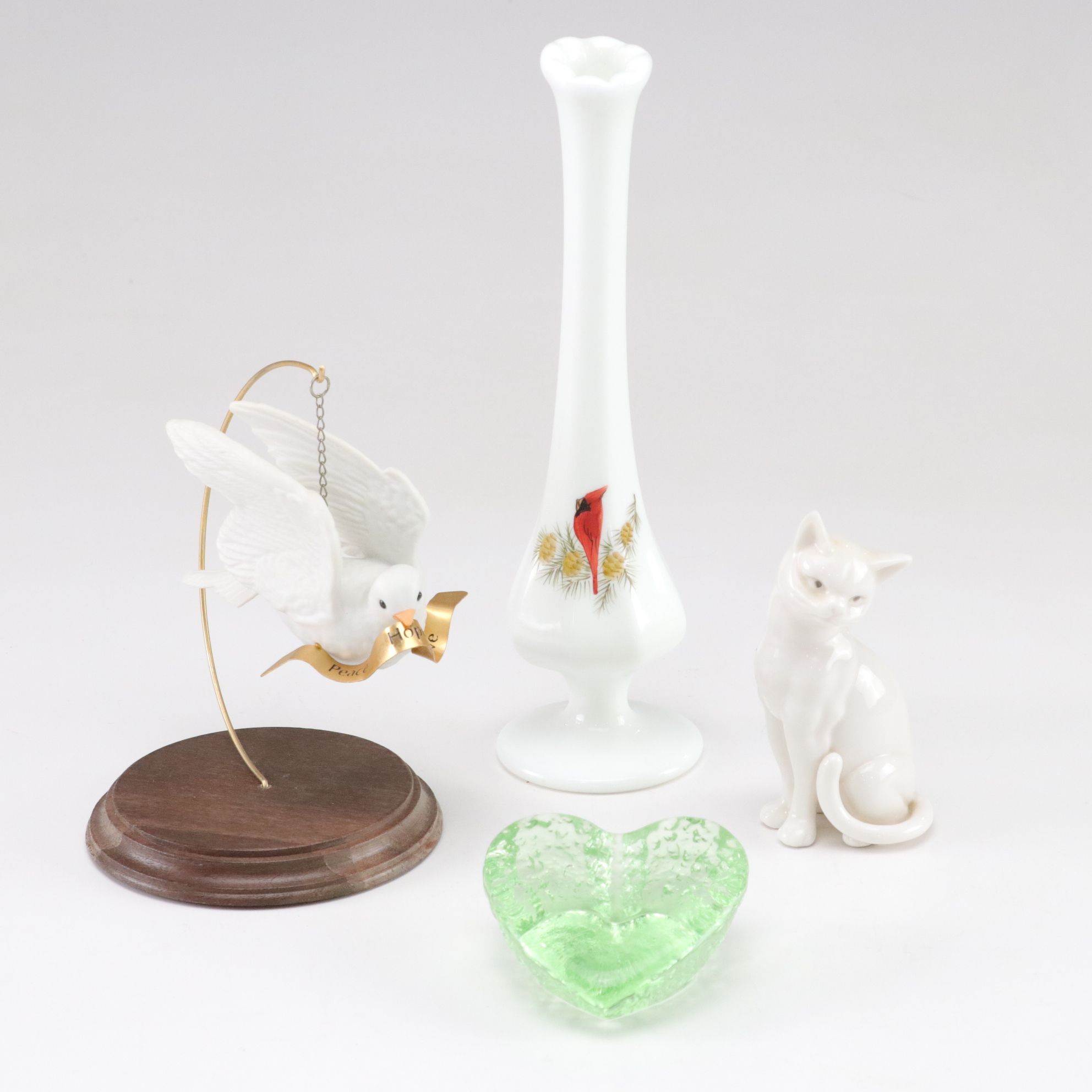 Fenton Cardinal Milk Glass Bud Vase with Ardalt Cat Figurine and More