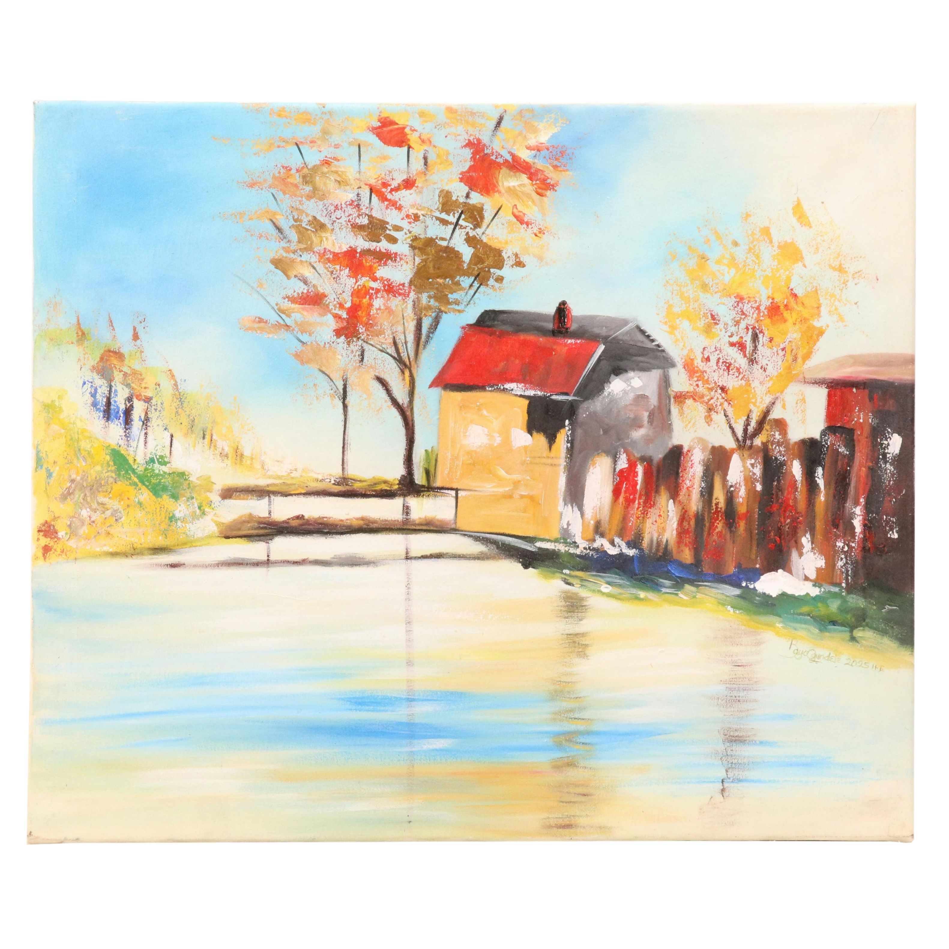 Bayo Ogundele Stylized Rural Landscape Oil Painting "Village," 2025