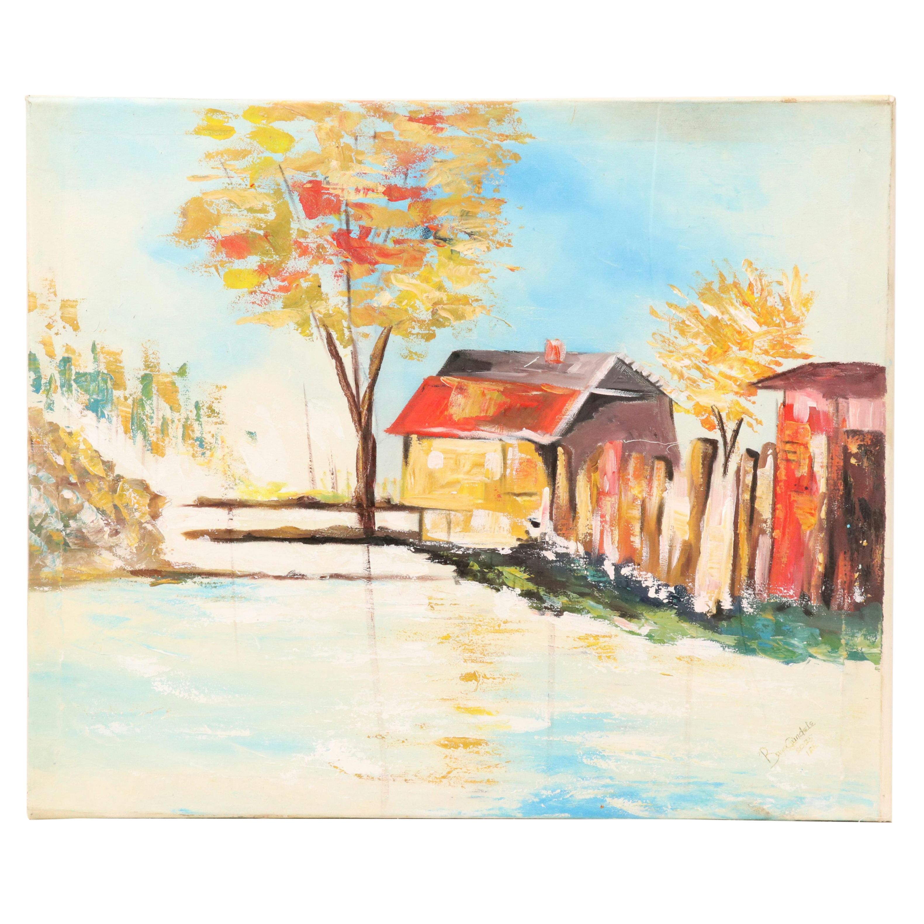 Bayo Ogundele Stylized Rural Landscape Oil Painting "A Village," 2025