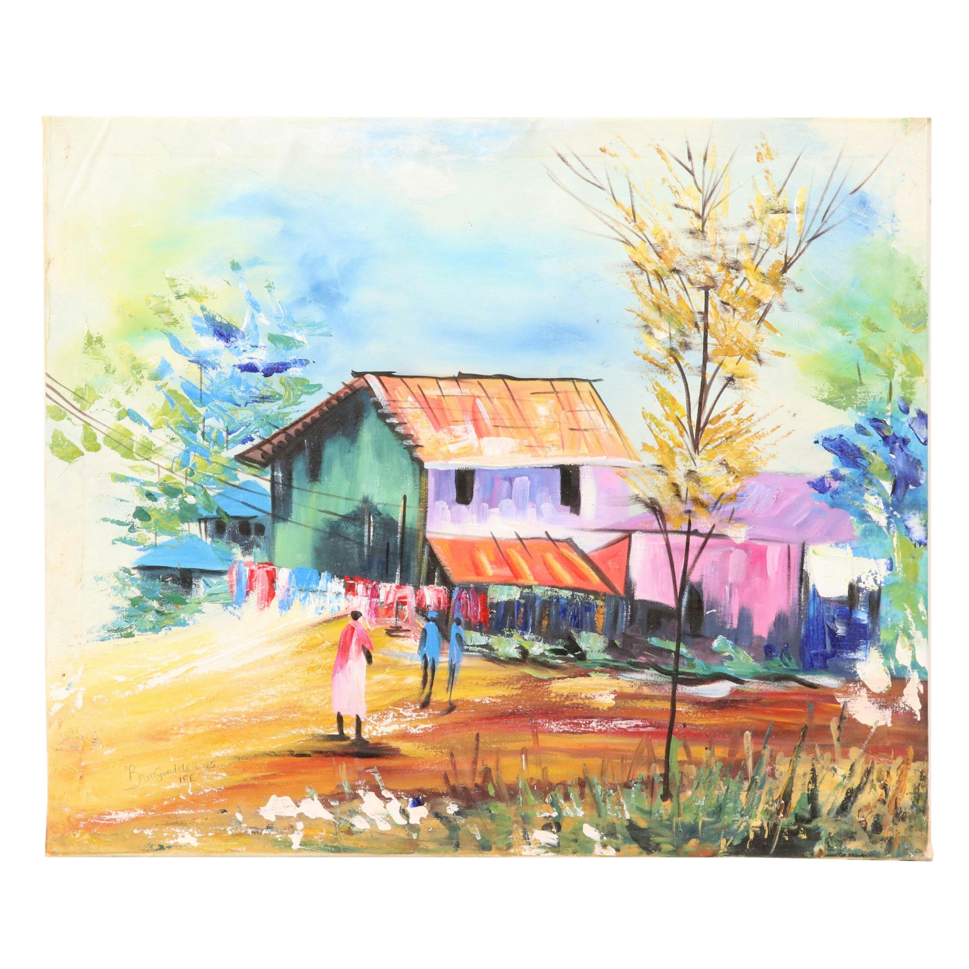 Bayo Ogundele Stylized Landscape Oil Painting "In The City," 2025