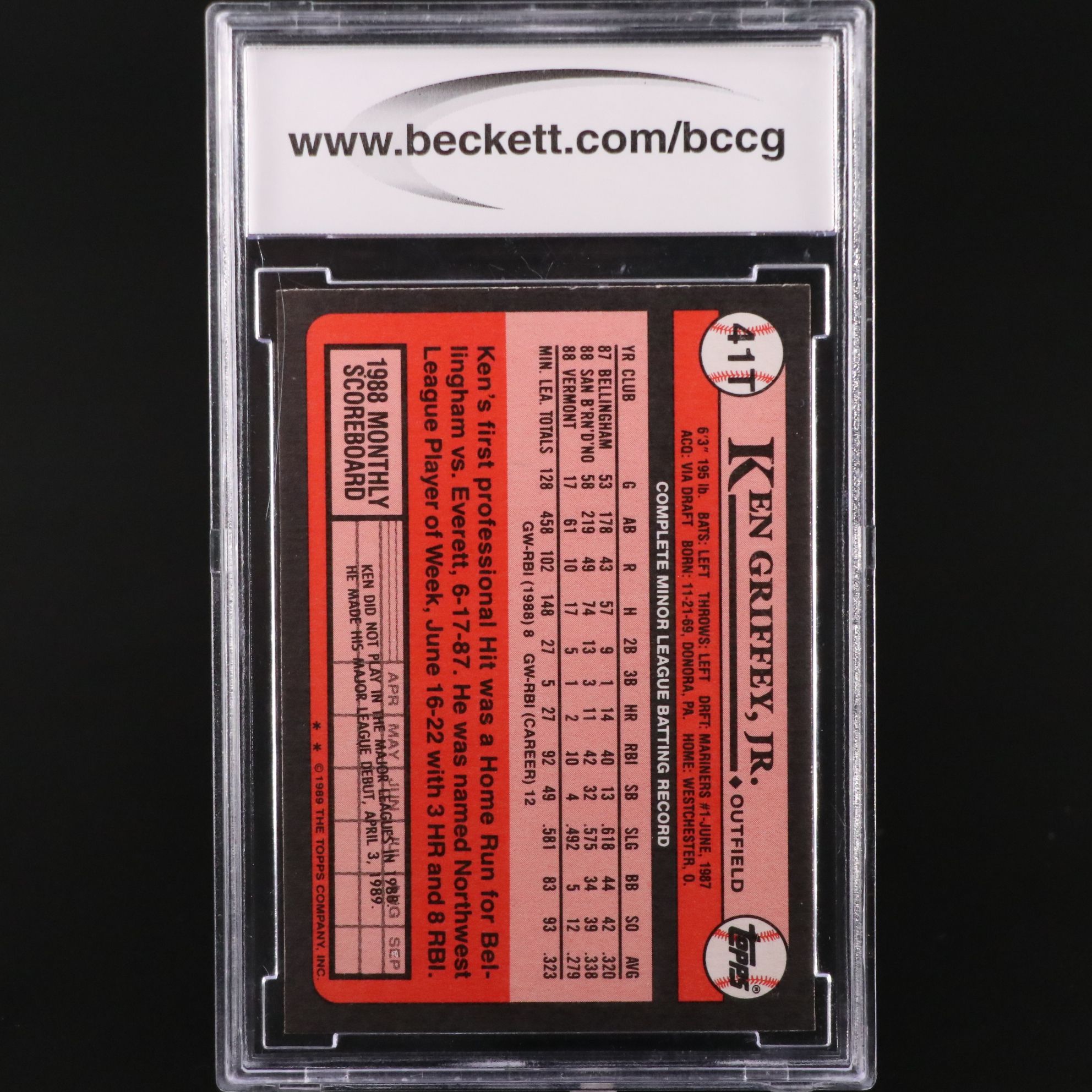 1989 Topps Traded Ken Griffey Jr. Seattle Mariners Rookie Card Graded BCCG 10