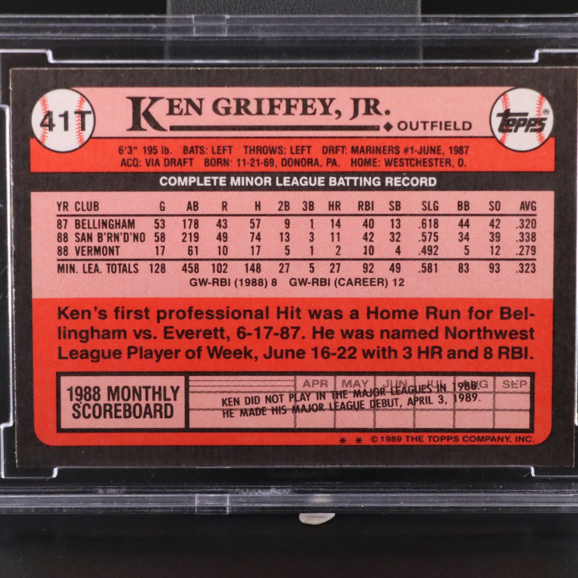 1989 Topps Traded Ken Griffey Jr. Seattle Mariners Rookie Card Graded BCCG 10