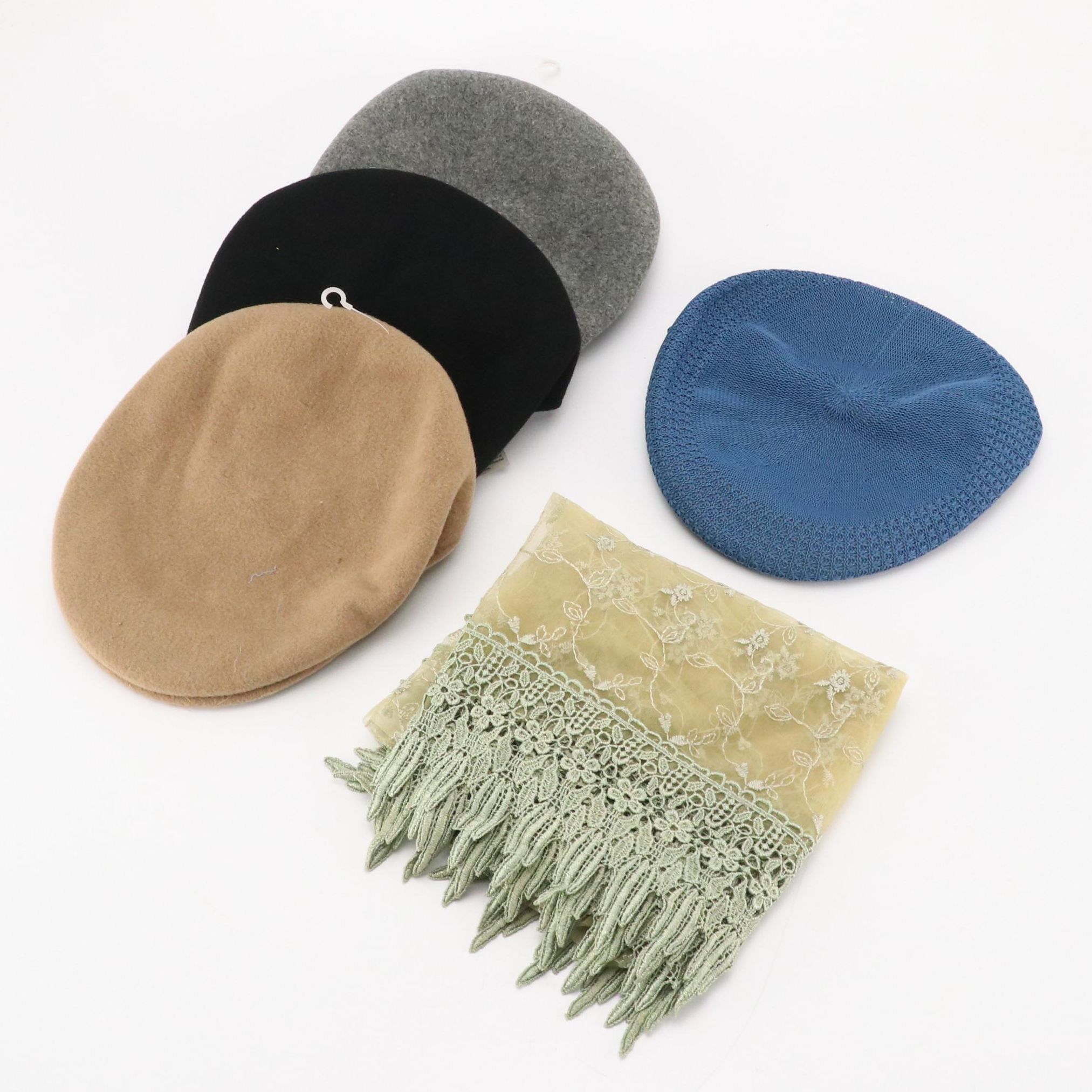 Kangol 504 Wool Caps, Haband Co. Woven Polyester Flat Cap, and Other Scarf