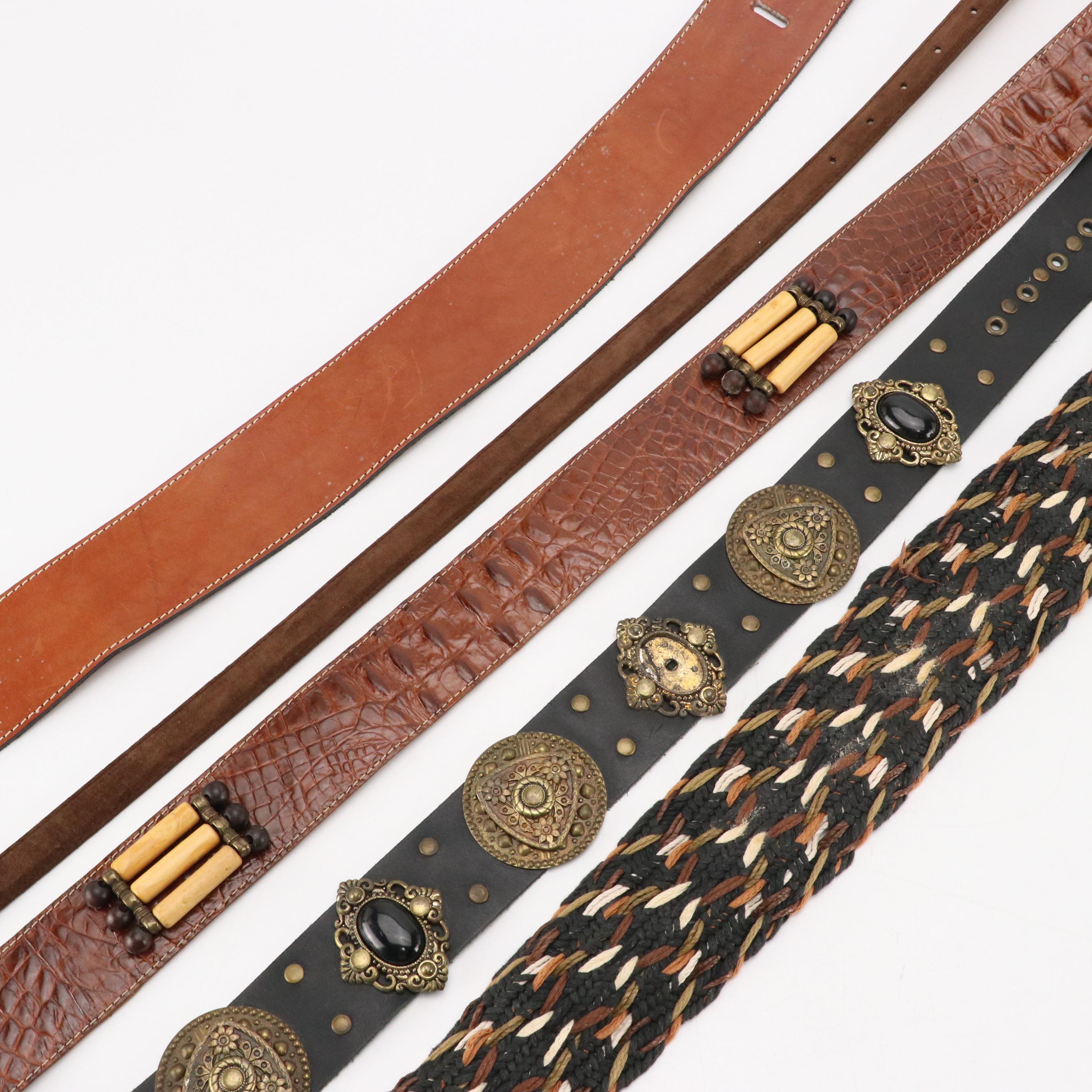Vintage Embellished Leather & Braided Fabric Belts Featuring Barcelona, Leonardo