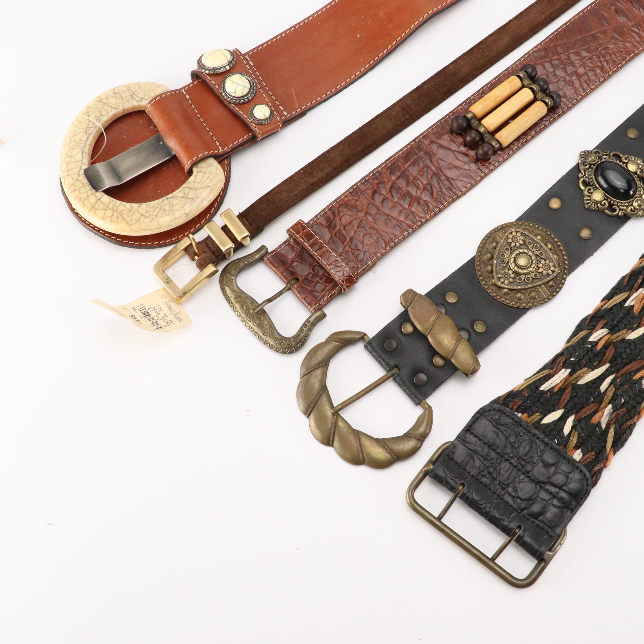 Vintage Embellished Leather & Braided Fabric Belts Featuring Barcelona, Leonardo
