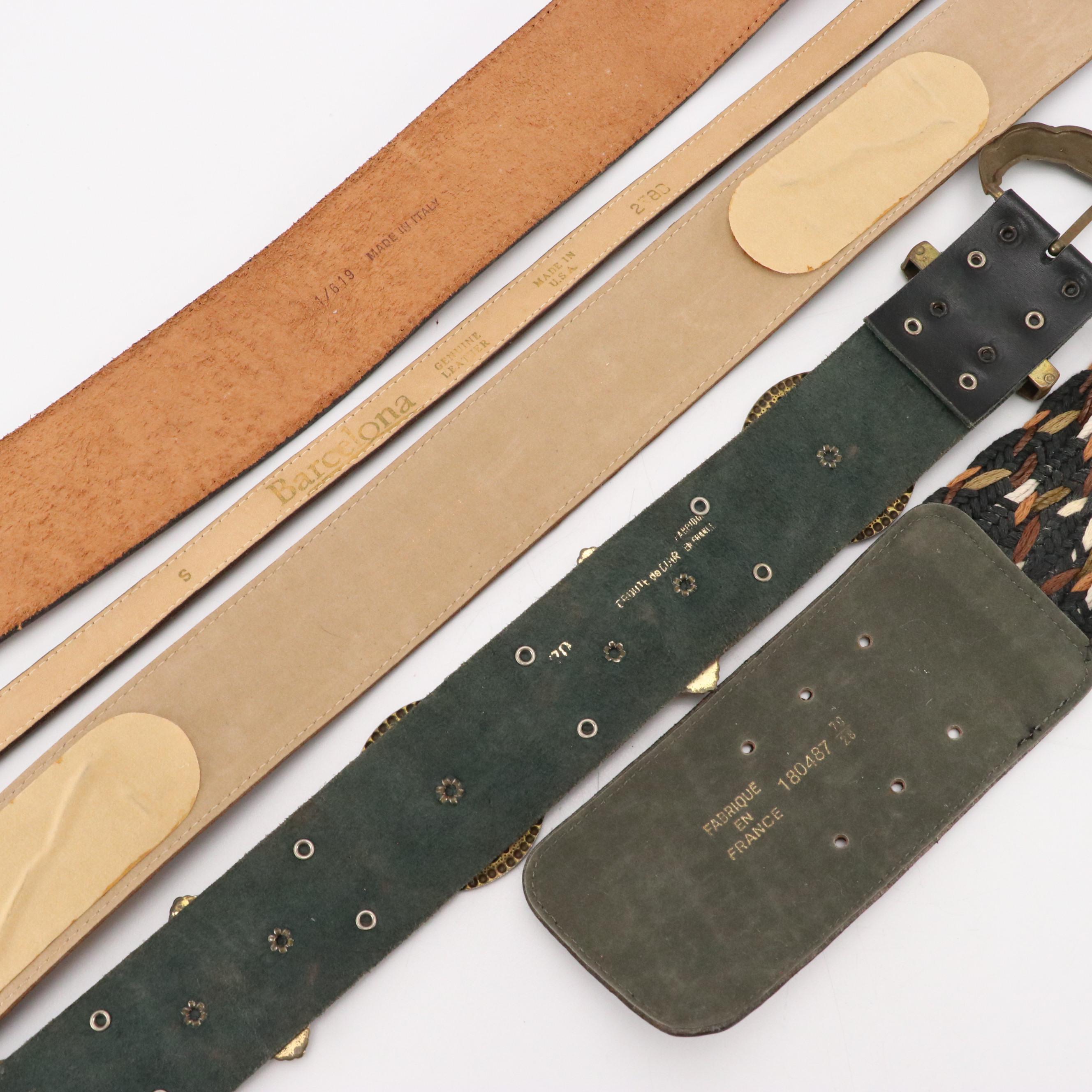 Vintage Embellished Leather & Braided Fabric Belts Featuring Barcelona, Leonardo