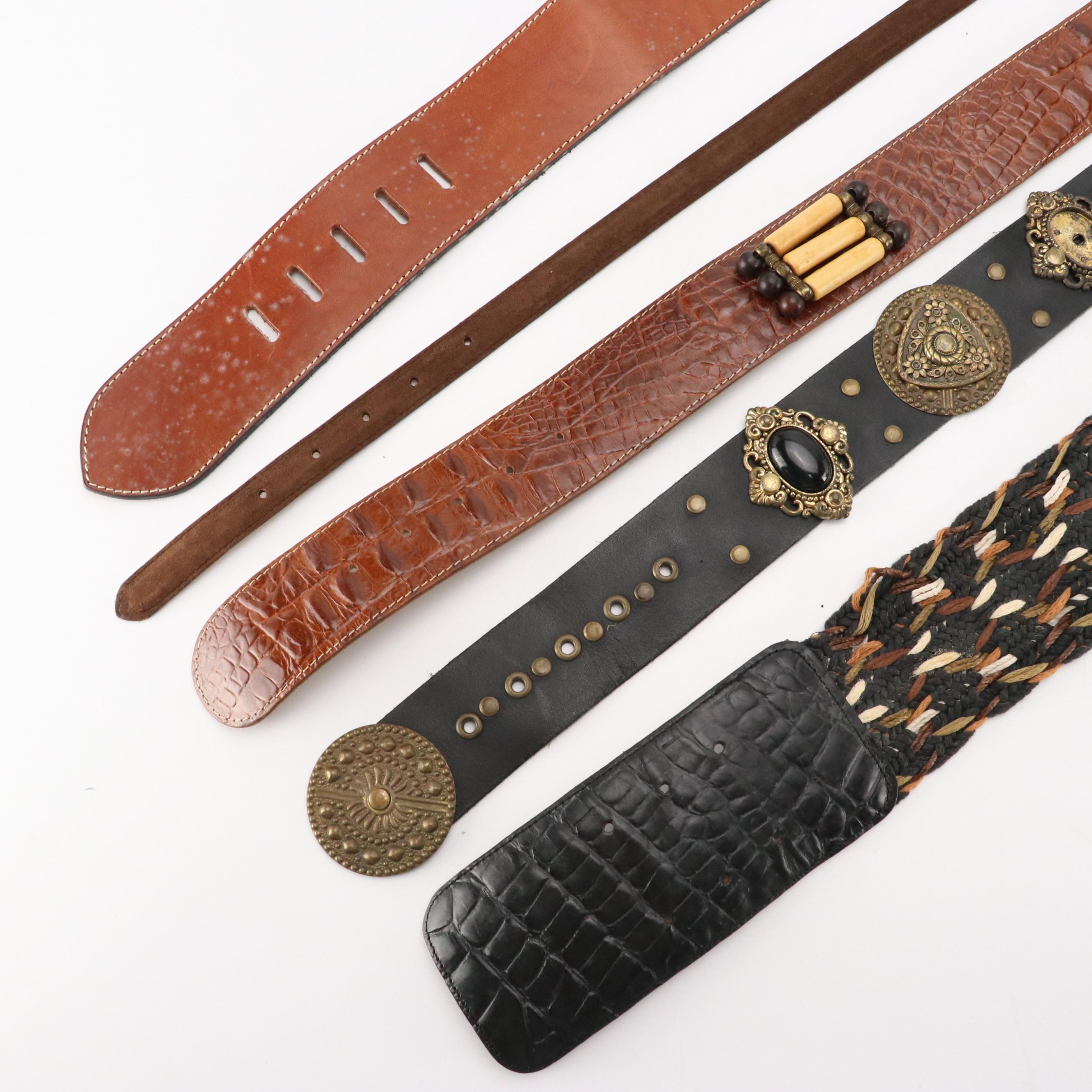 Vintage Embellished Leather & Braided Fabric Belts Featuring Barcelona, Leonardo