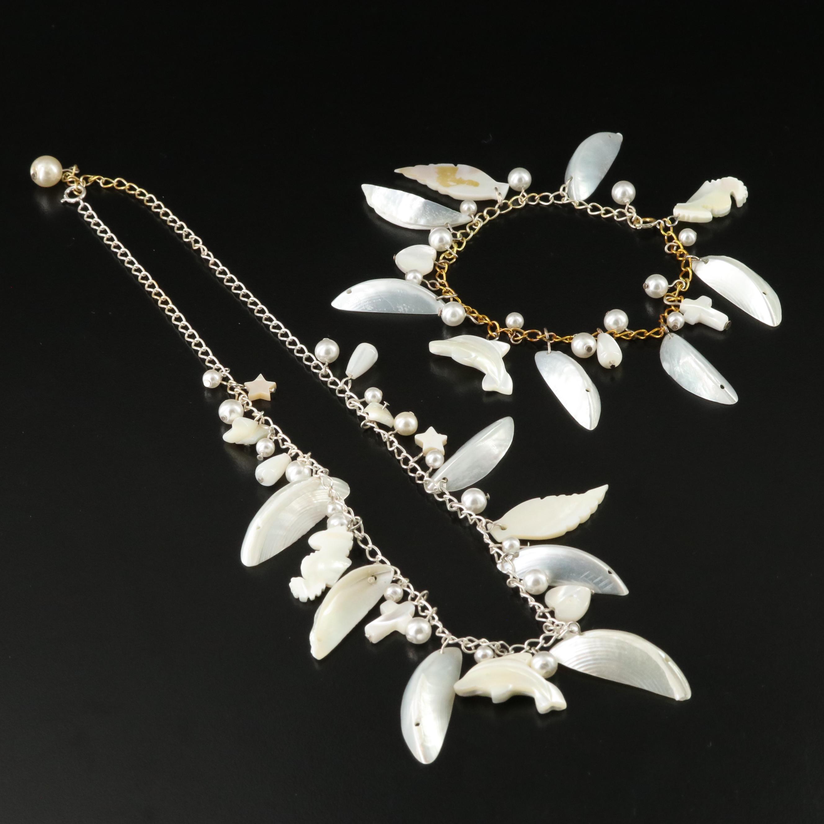 Sterling Shell, Mother-of-Pearl and Faux Pearl Necklace and Bracelet Set