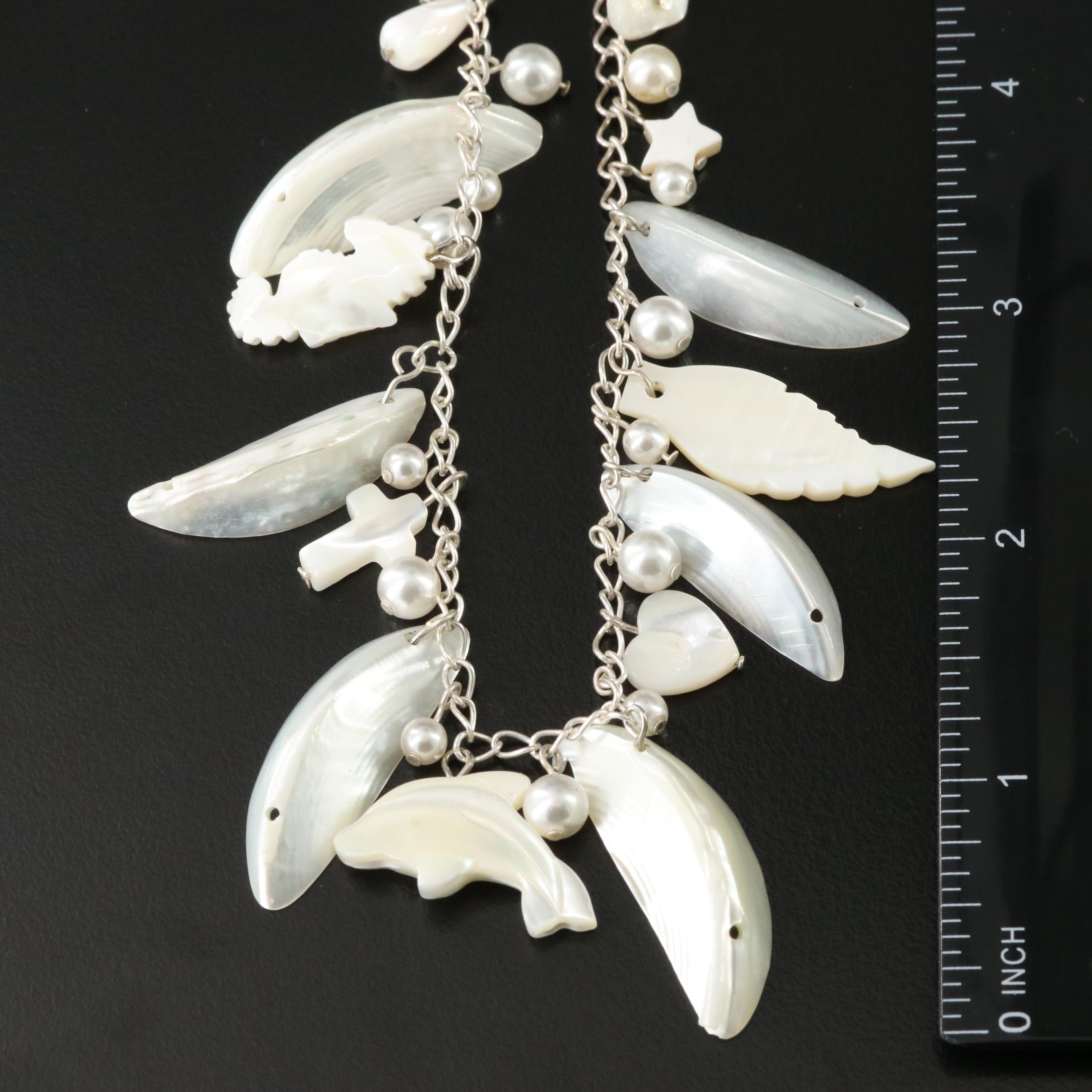 Sterling Shell, Mother-of-Pearl and Faux Pearl Necklace and Bracelet Set