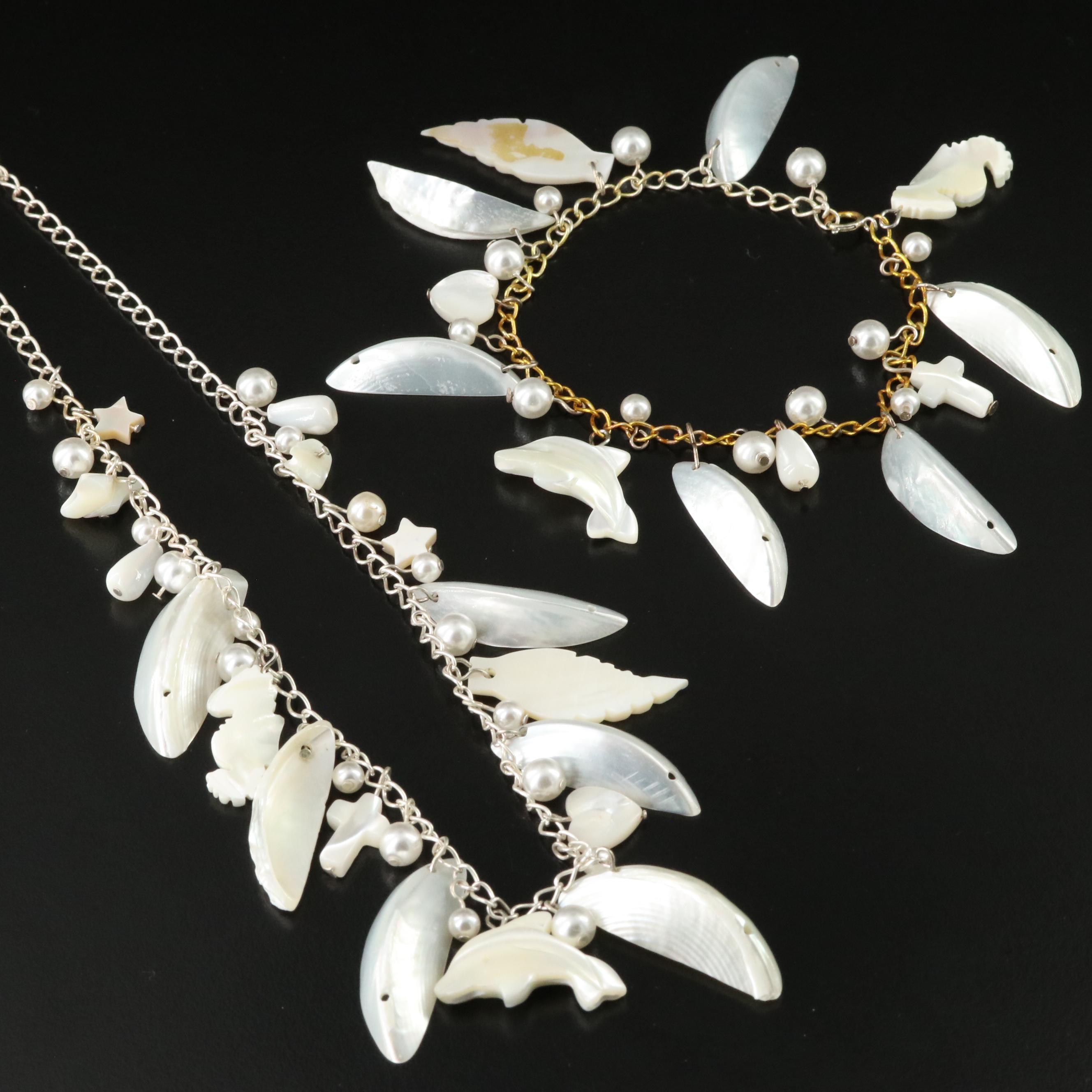 Sterling Shell, Mother-of-Pearl and Faux Pearl Necklace and Bracelet Set
