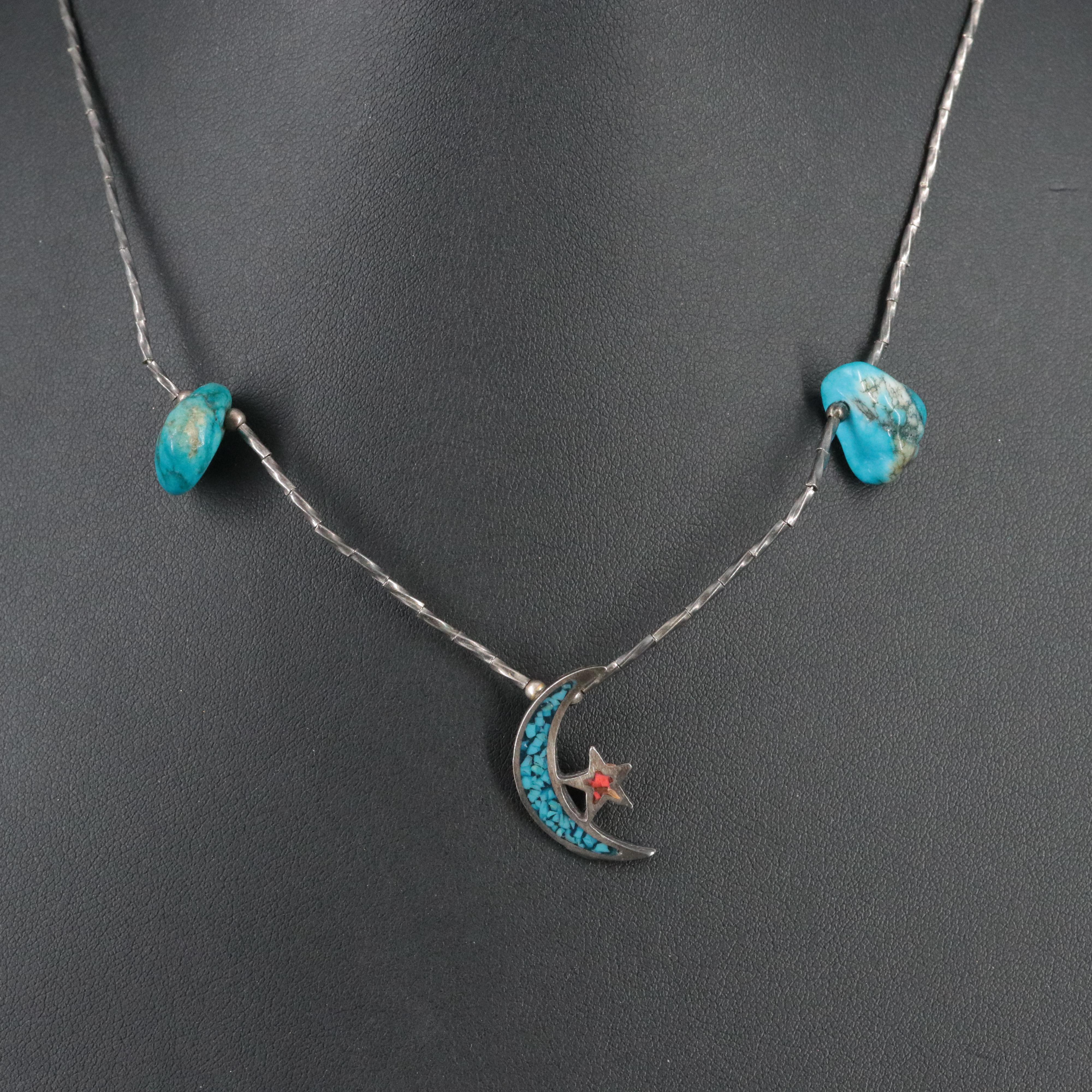 Star and Moon Turquoise and Stone Inlay Pendant Necklace