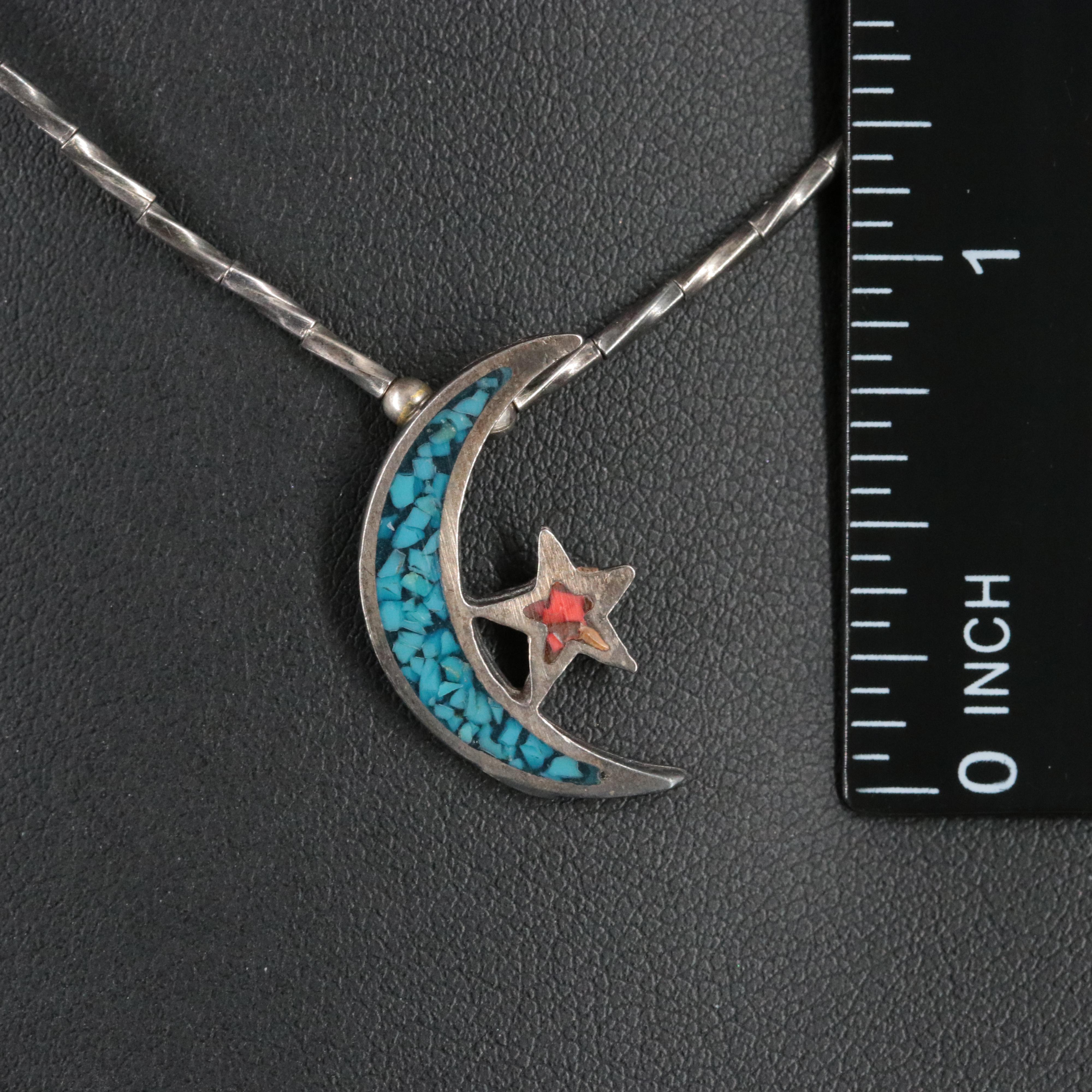 Star and Moon Turquoise and Stone Inlay Pendant Necklace