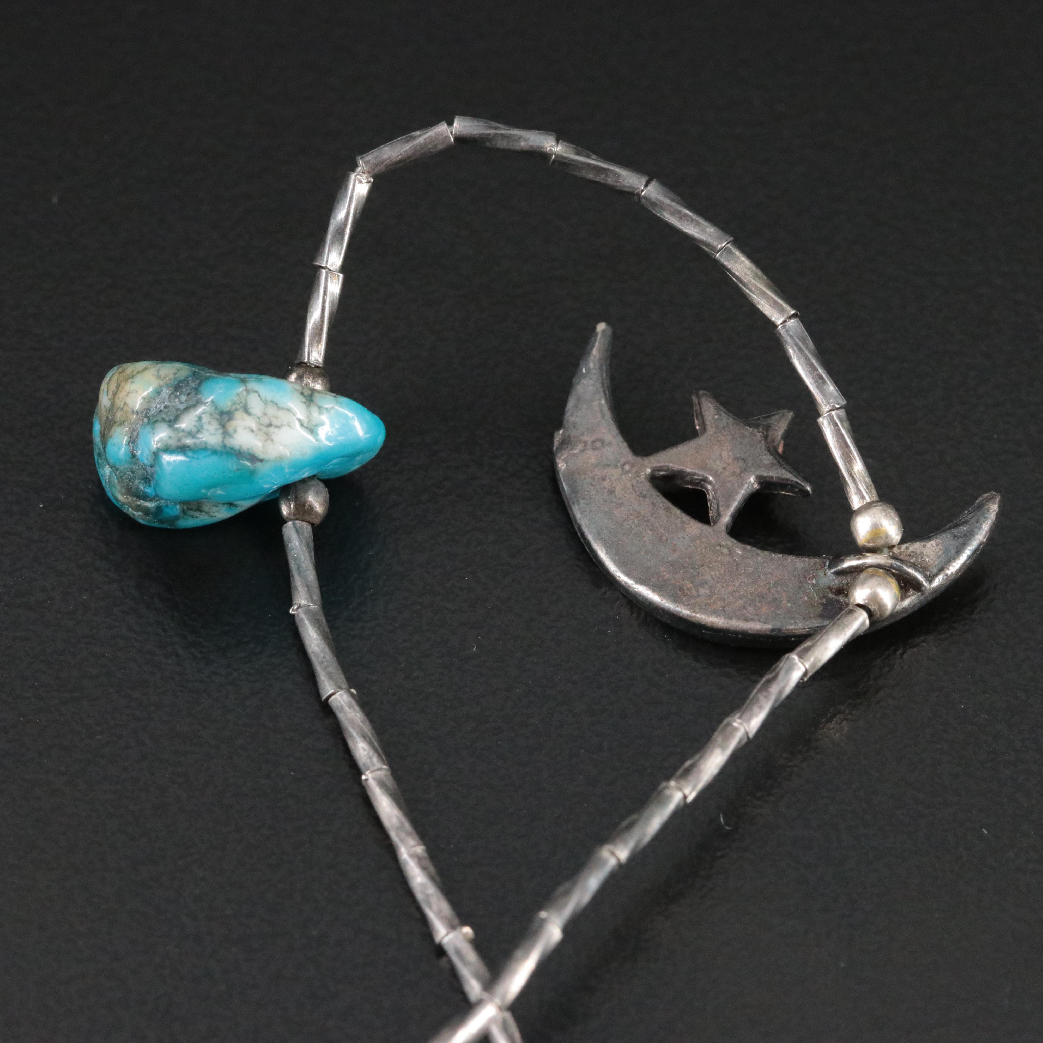 Star and Moon Turquoise and Stone Inlay Pendant Necklace