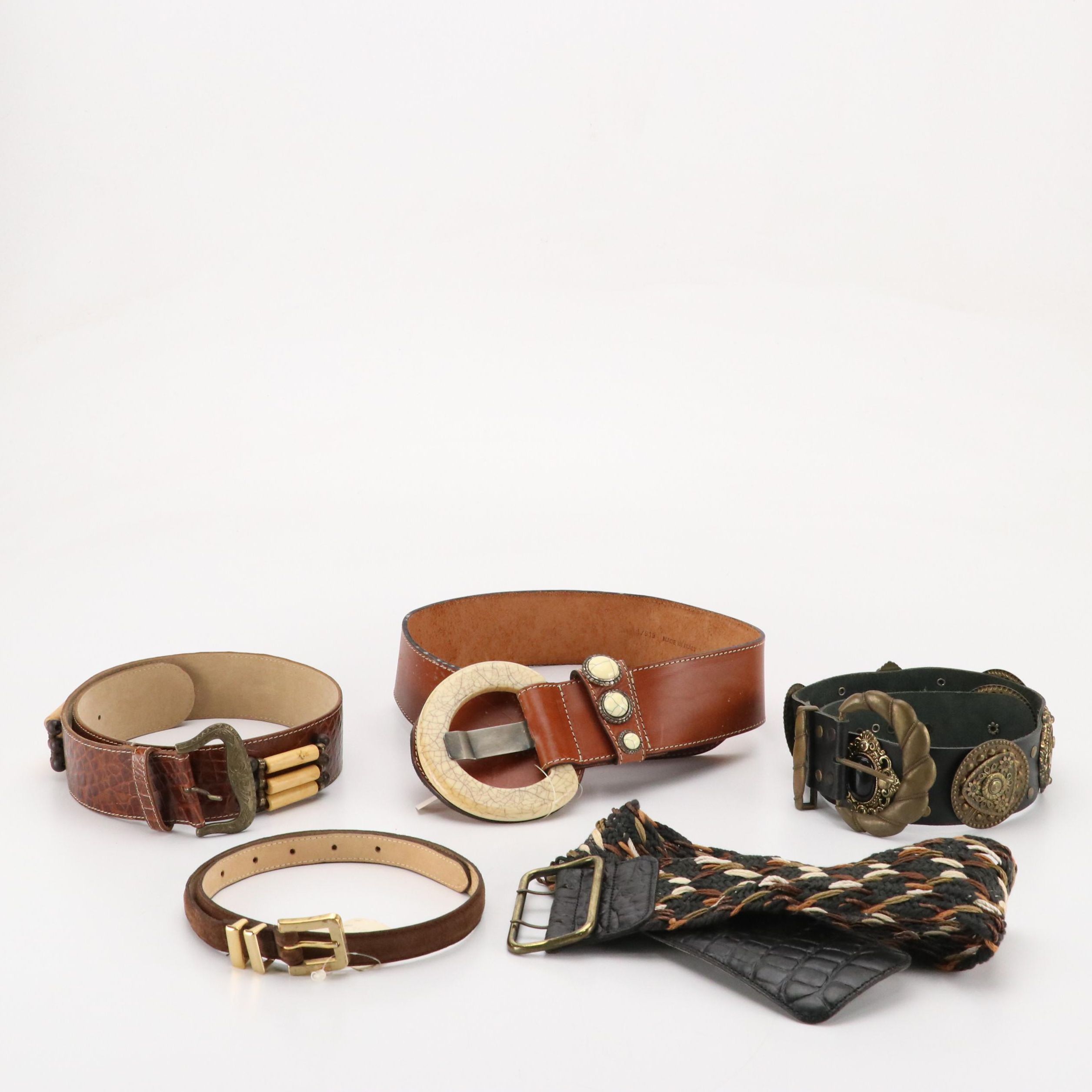 Vintage Embellished Leather & Braided Fabric Belts Featuring Barcelona, Leonardo