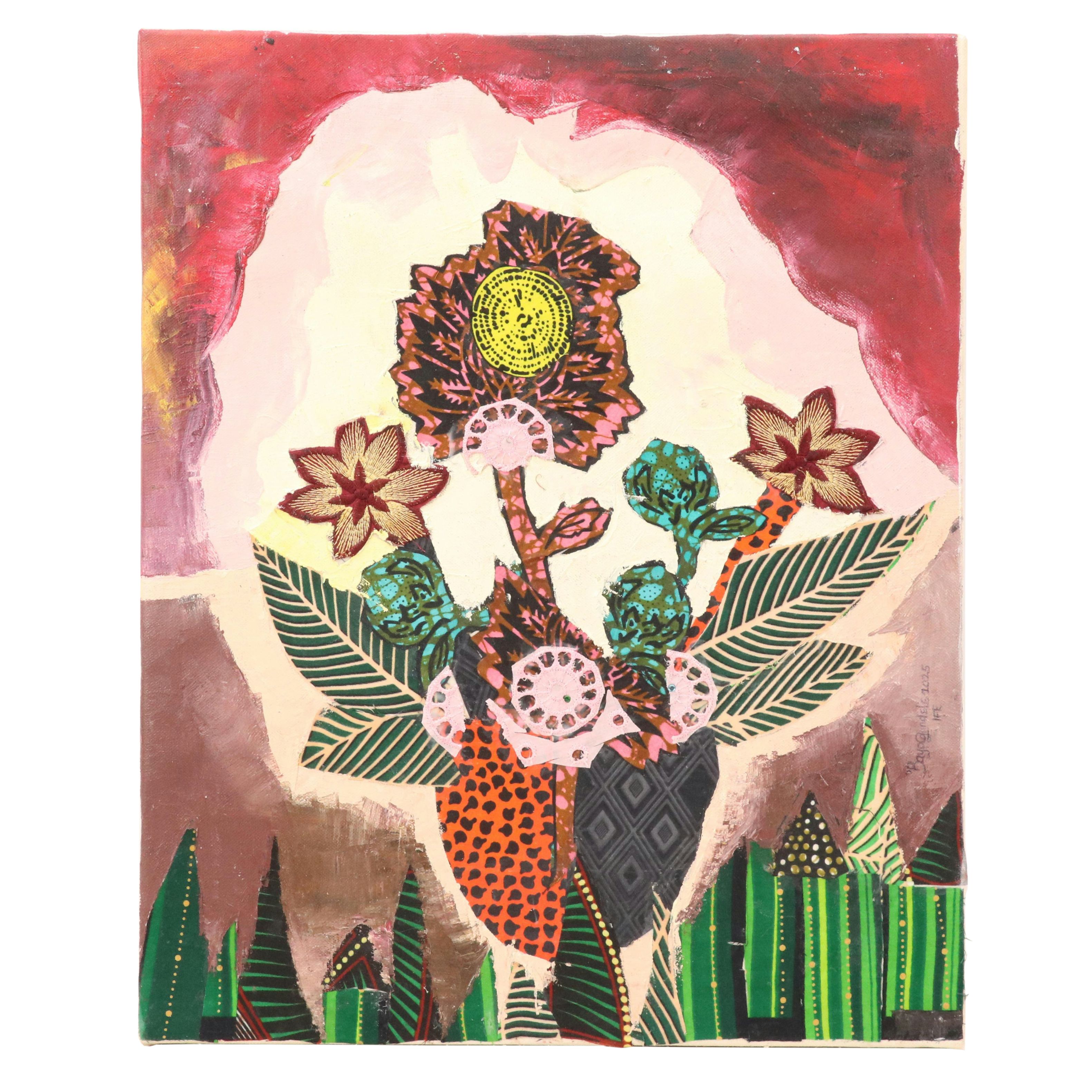Bayo Ogundele Stylized Floral Still Life Mixed Media Collage "Flower, 2025