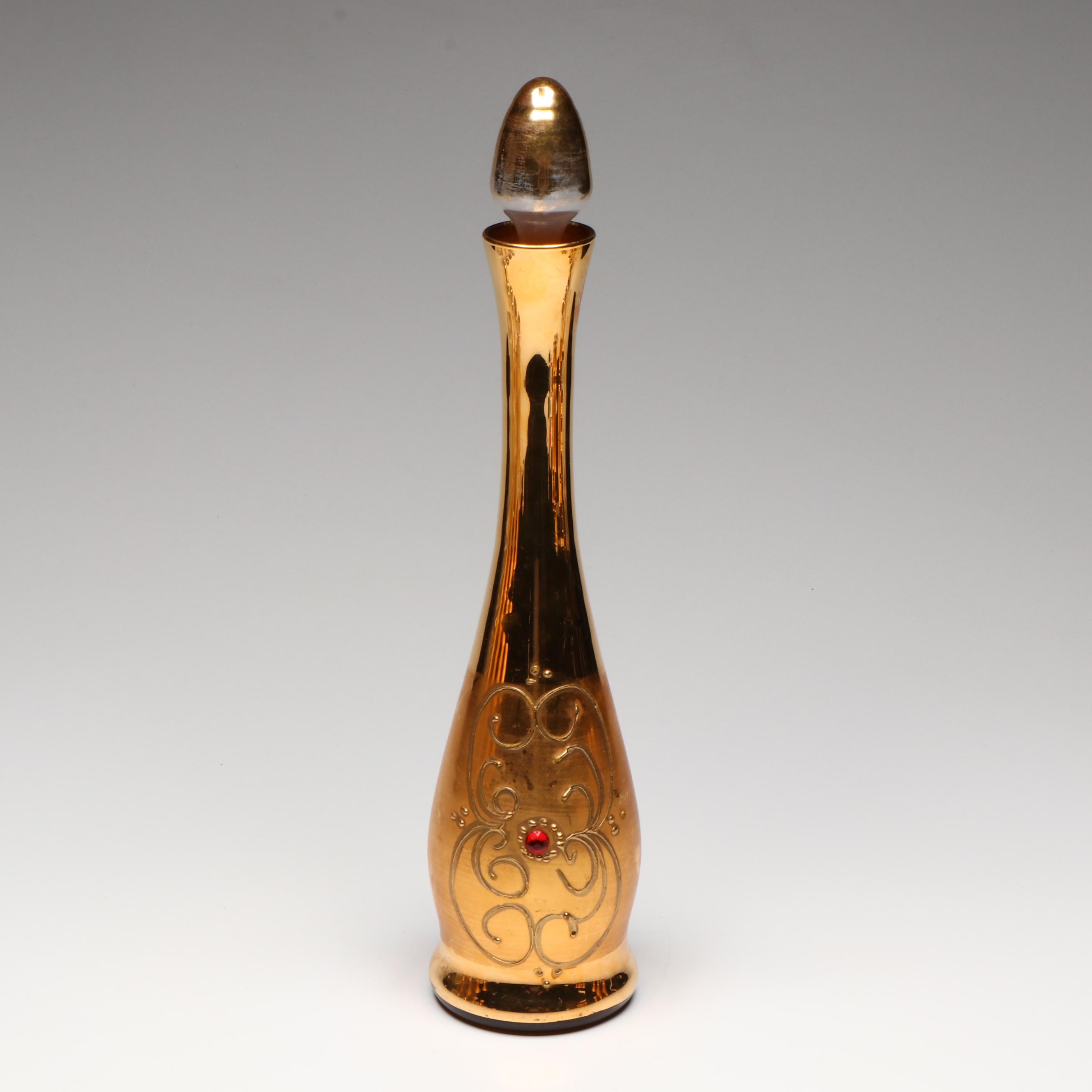 Venetian Style Gilt Glass Decanter, Wine Glasses, and Cordial Glasses