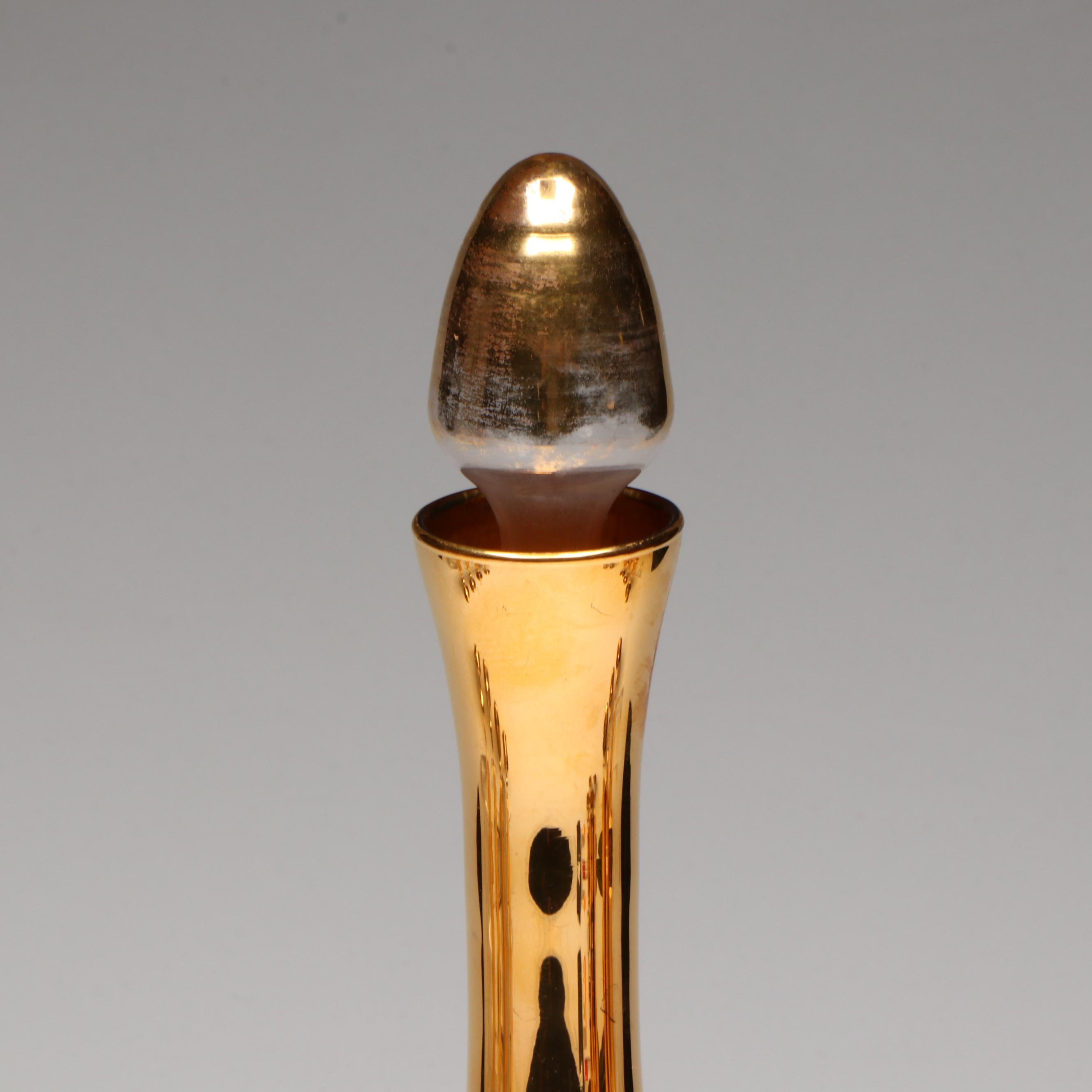 Venetian Style Gilt Glass Decanter, Wine Glasses, and Cordial Glasses