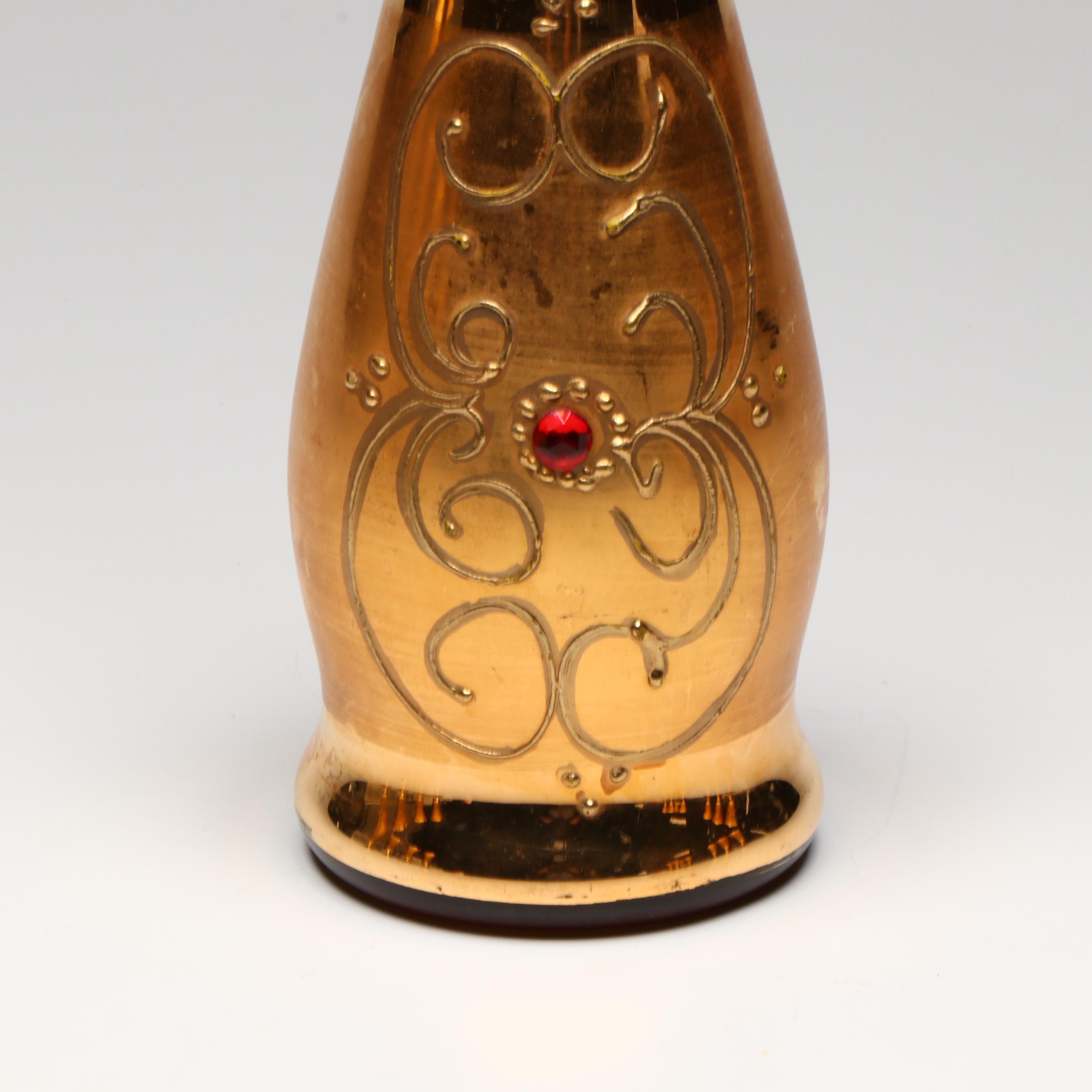 Venetian Style Gilt Glass Decanter, Wine Glasses, and Cordial Glasses