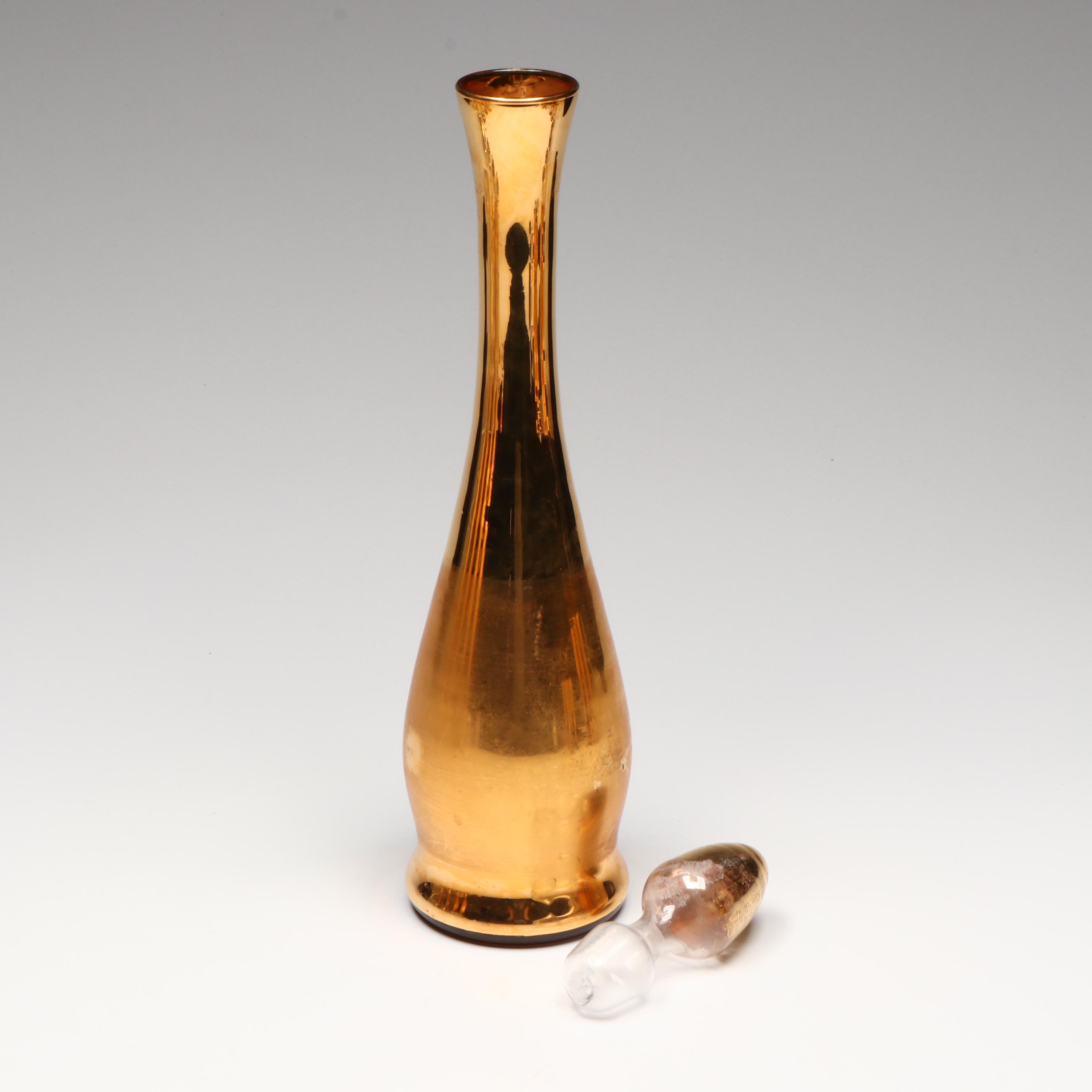 Venetian Style Gilt Glass Decanter, Wine Glasses, and Cordial Glasses