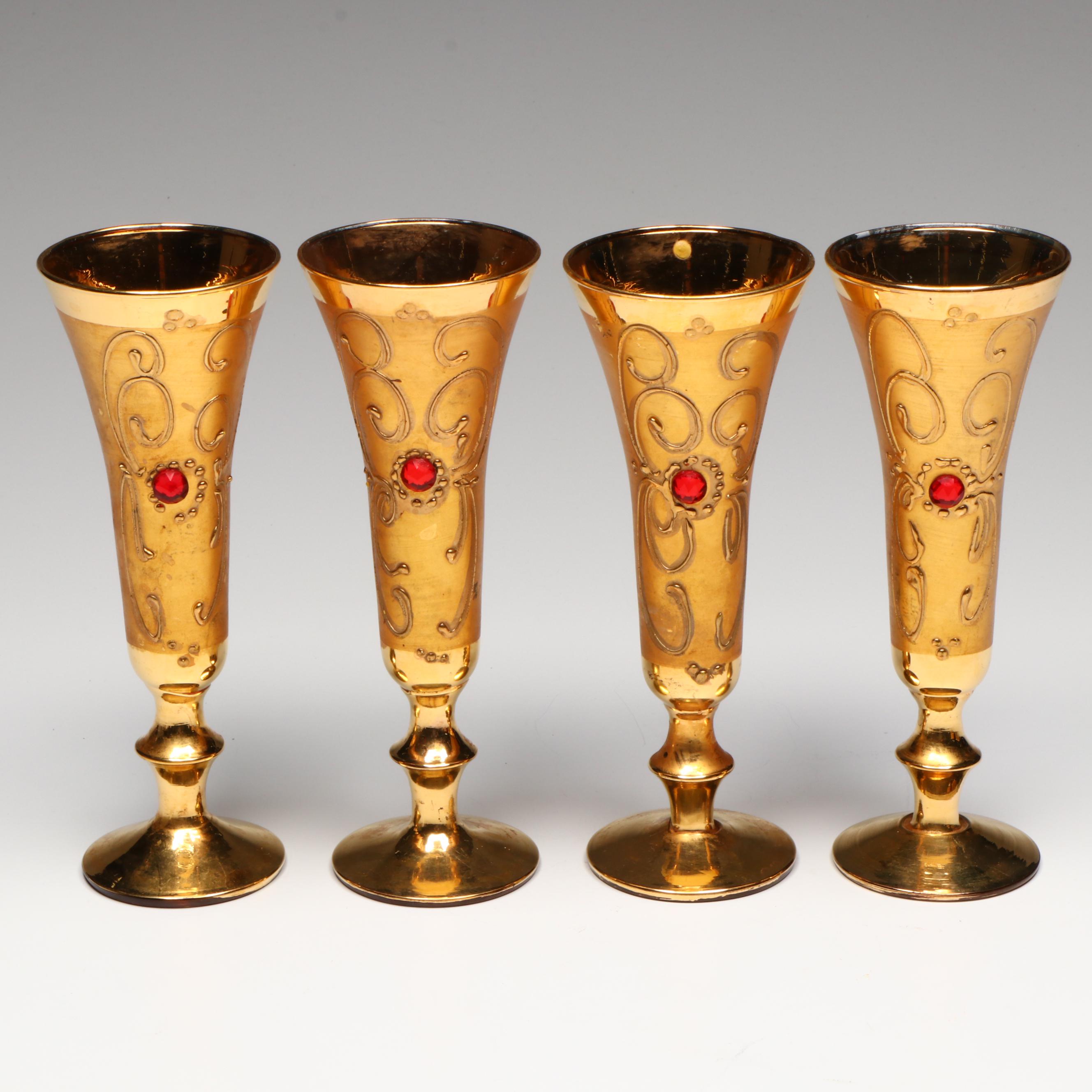 Venetian Style Gilt Glass Decanter, Wine Glasses, and Cordial Glasses