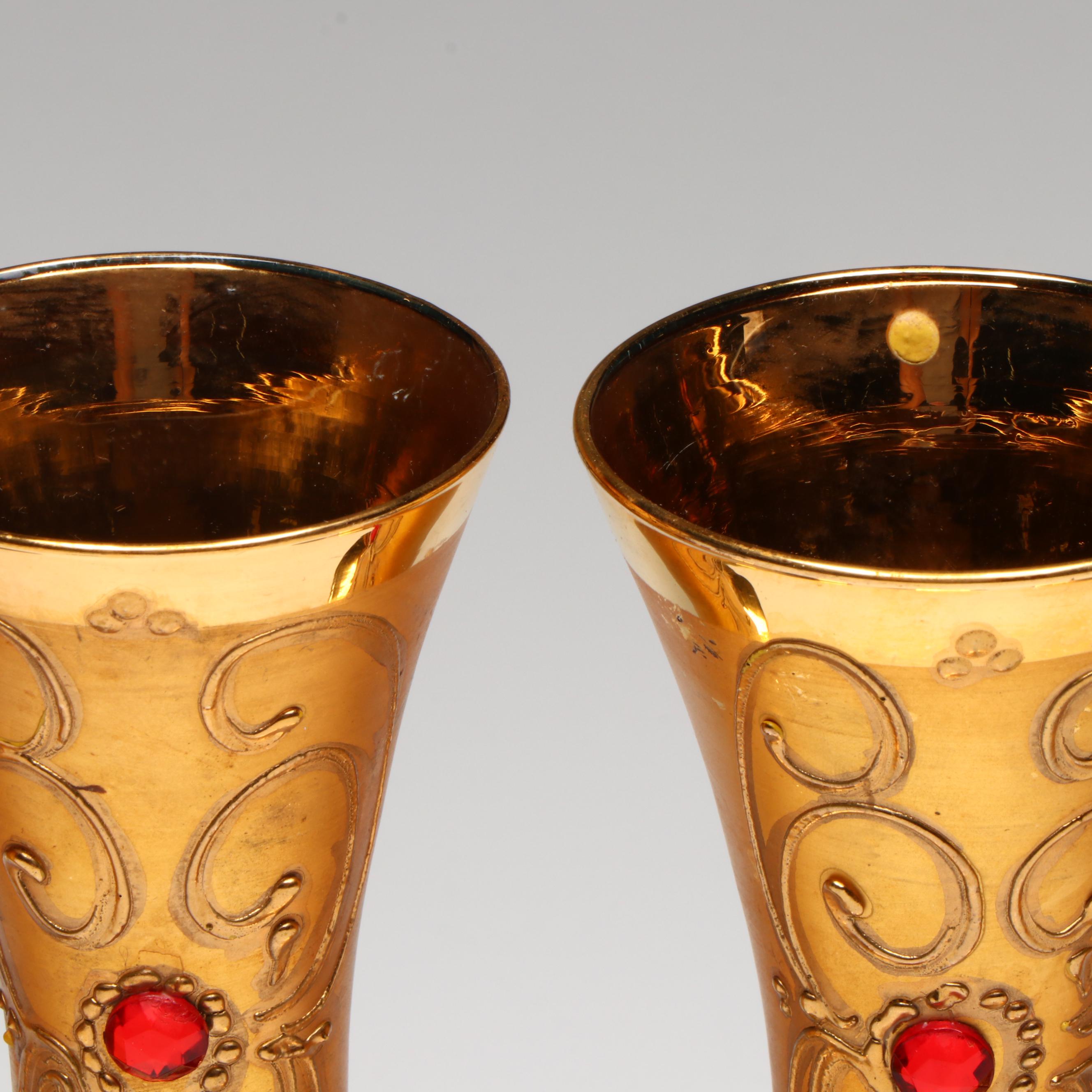 Venetian Style Gilt Glass Decanter, Wine Glasses, and Cordial Glasses