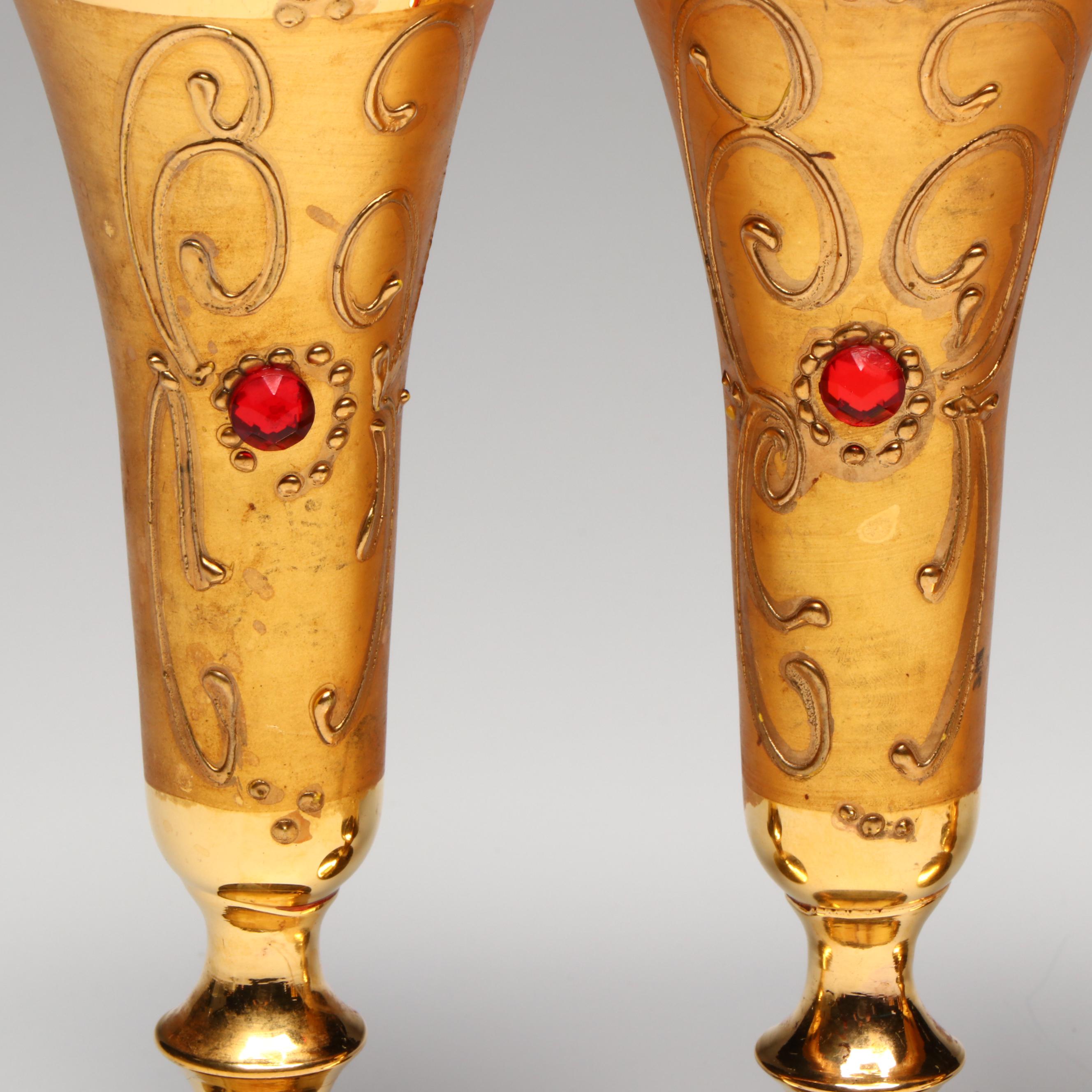 Venetian Style Gilt Glass Decanter, Wine Glasses, and Cordial Glasses