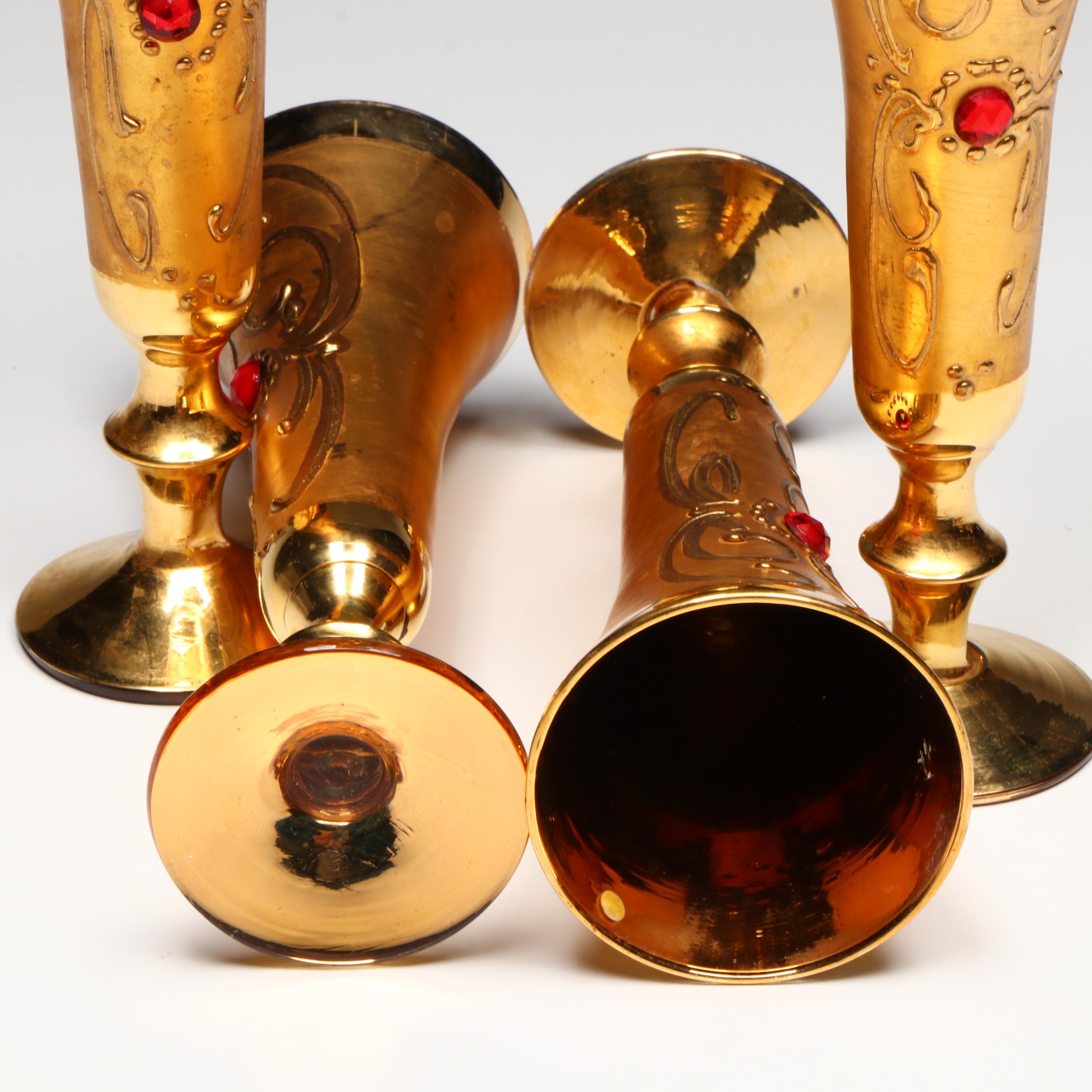 Venetian Style Gilt Glass Decanter, Wine Glasses, and Cordial Glasses